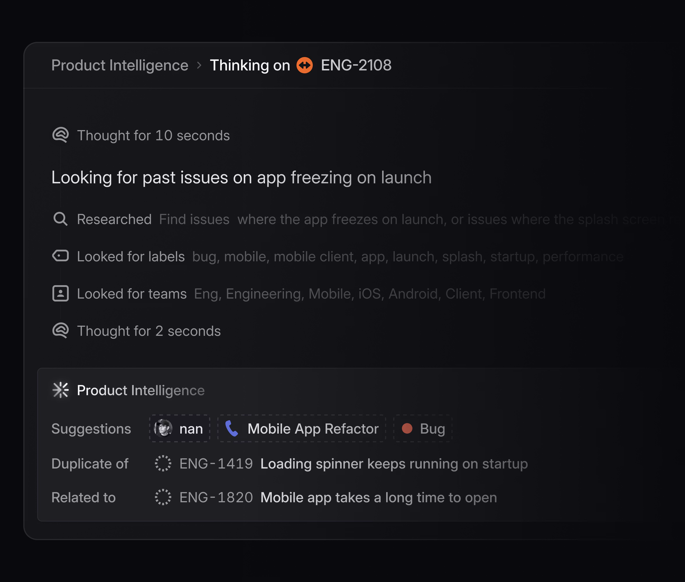 A screenshot of the Product Intelligence thinking panel.
