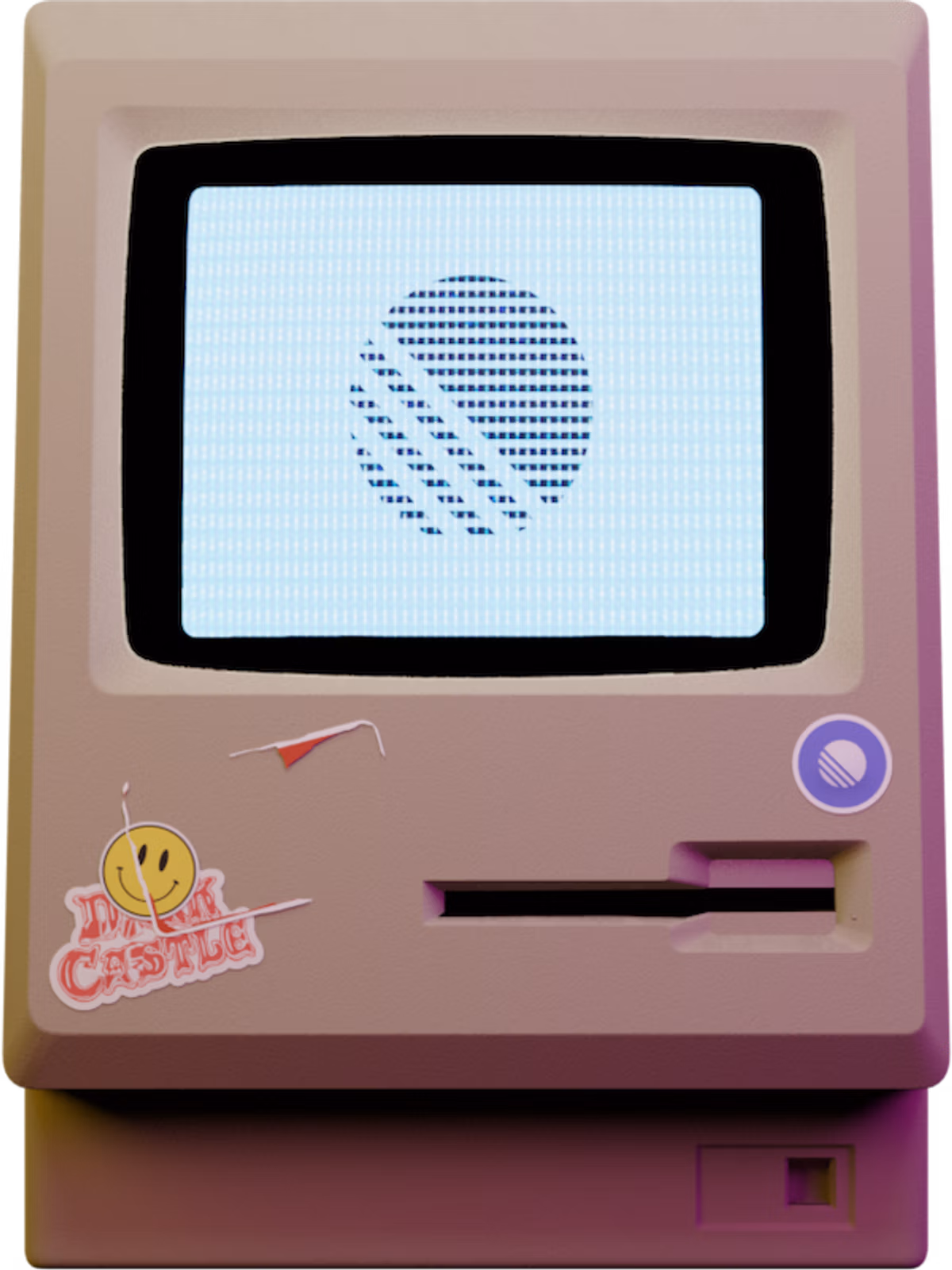 An old computer with a flashing screen and stickers