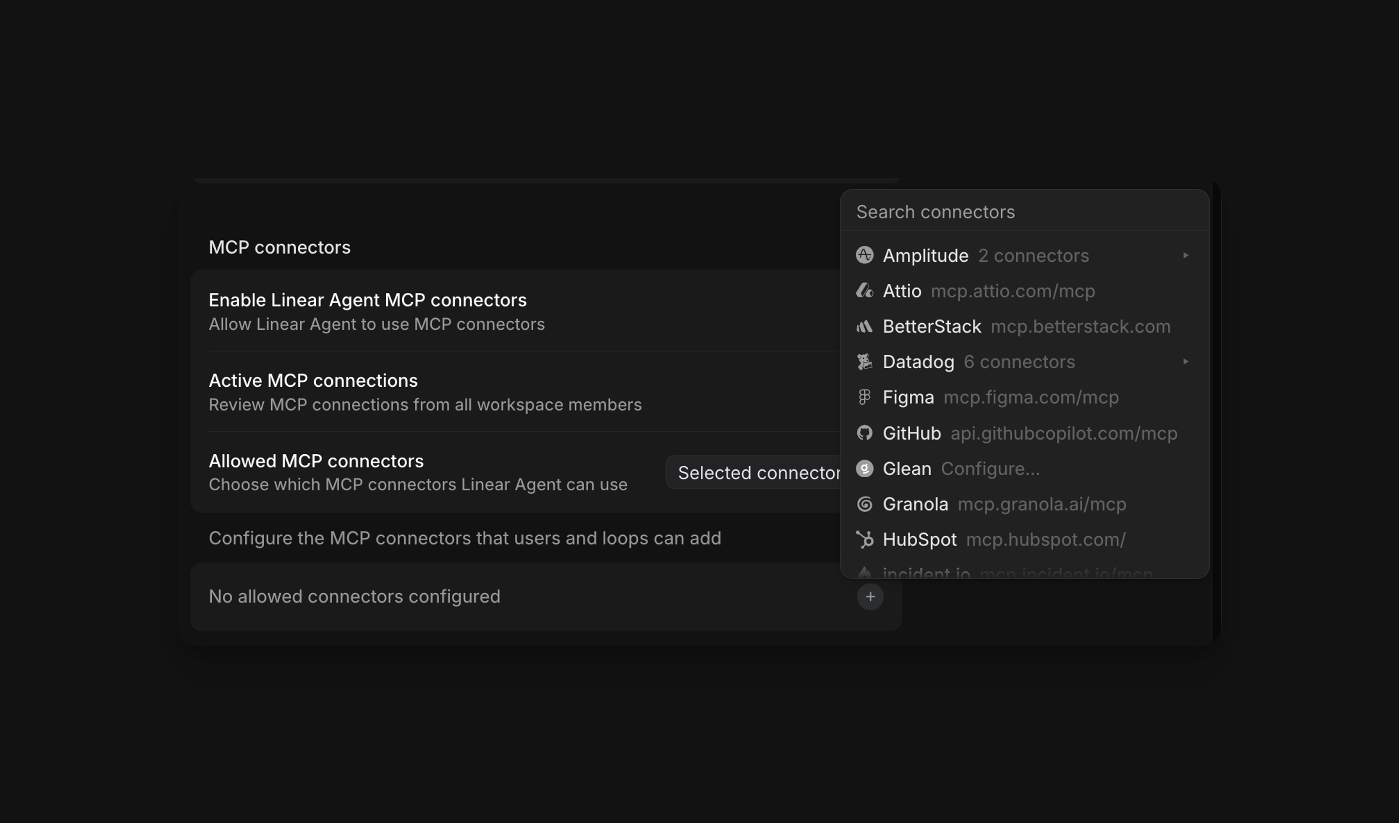 Workspace MCP connector settings with Selected connectors enabled and the Search connectors picker open