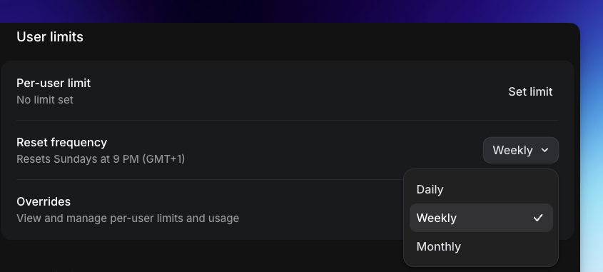 Reset frequency menu with daily, weekly, and monthly options