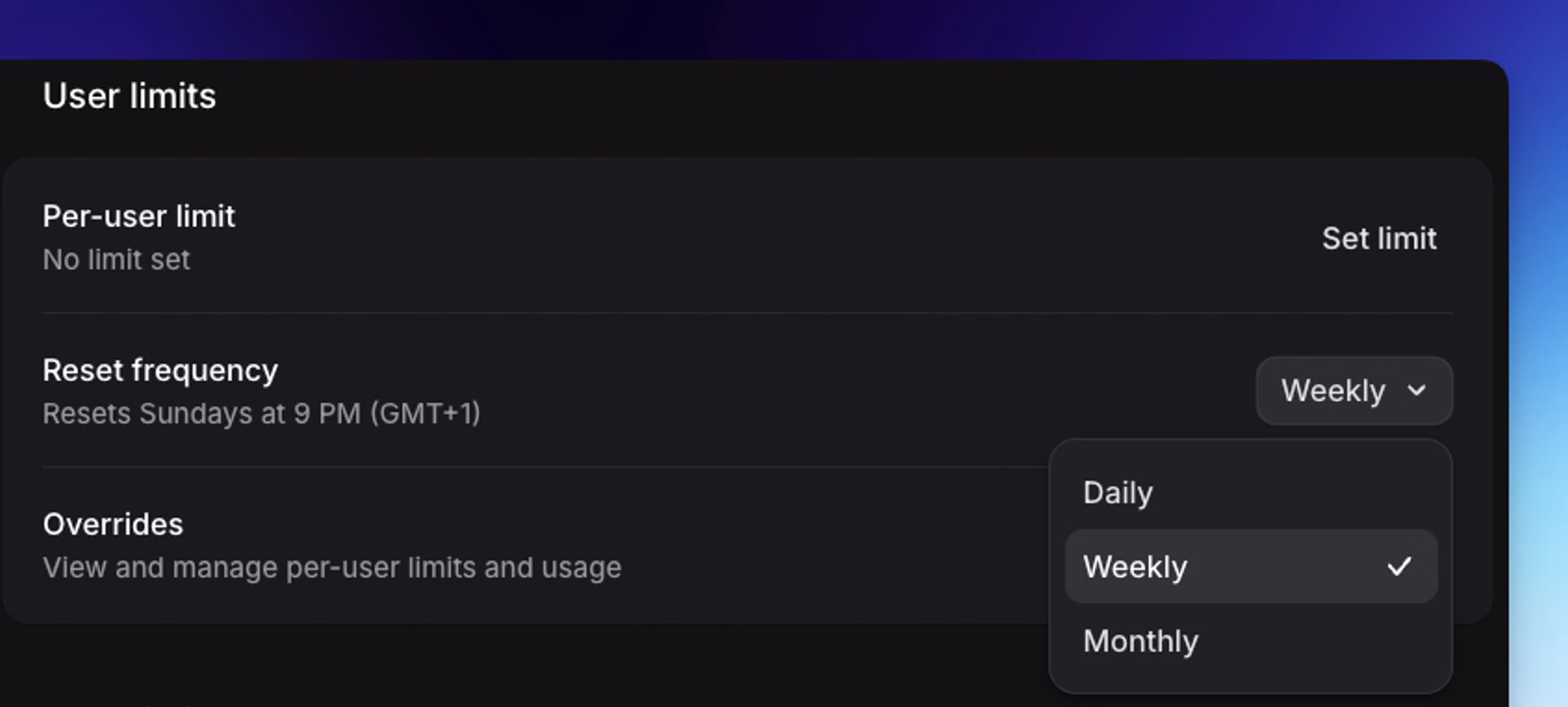 Reset frequency menu with daily, weekly, and monthly options