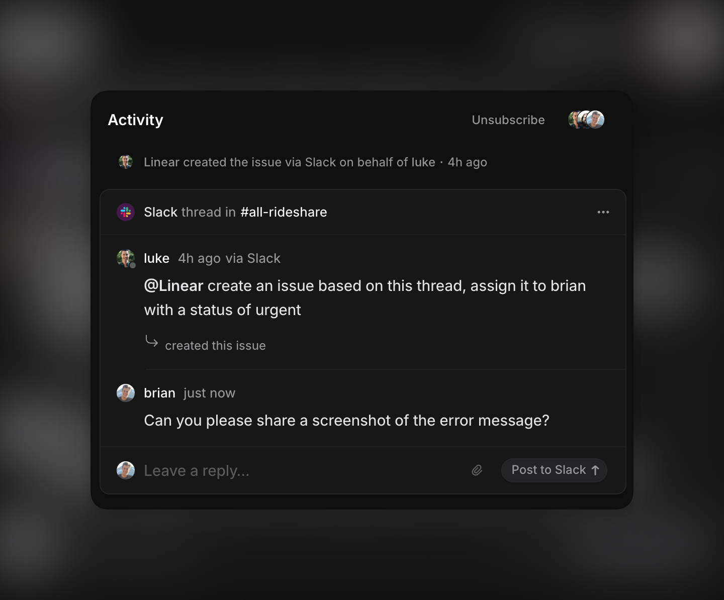 Image showing a synced thread in Linear that also posts to Slack