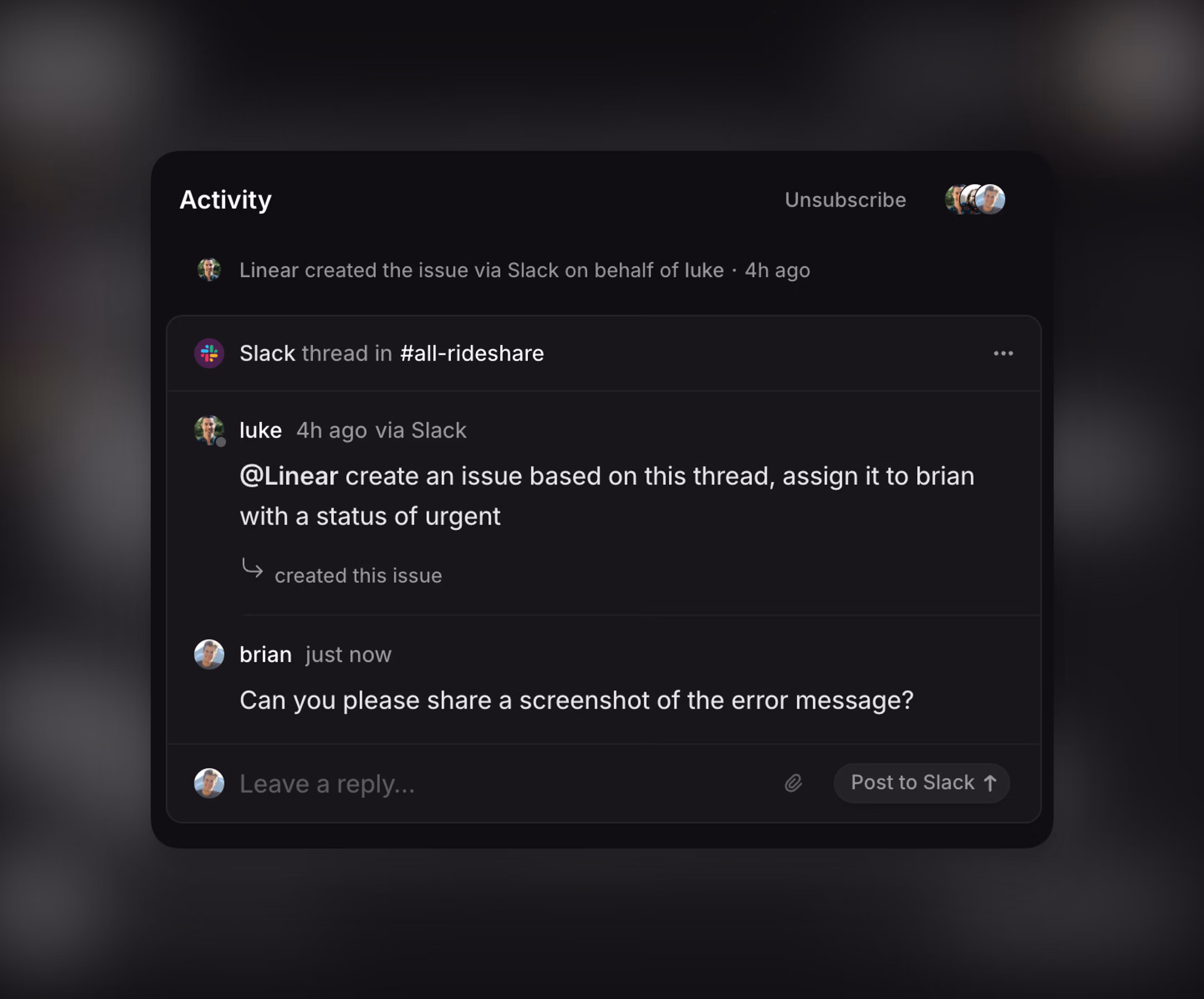 Image showing a synced thread in Linear that also posts to Slack