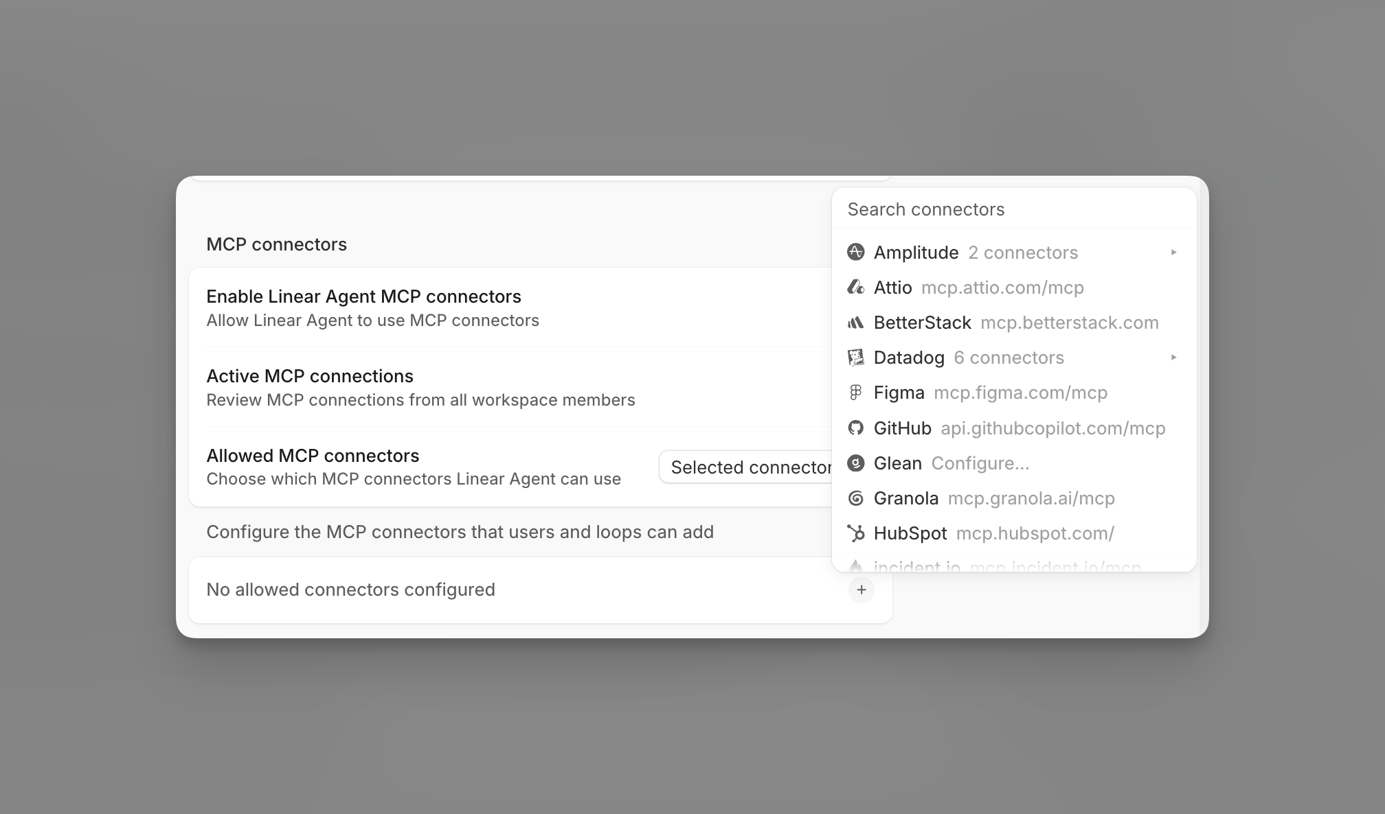 Workspace MCP connector settings with Selected connectors enabled and the Search connectors picker open