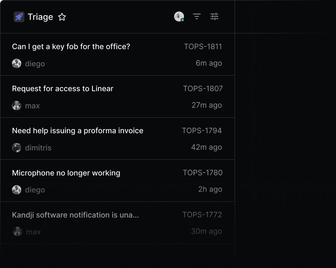 A view of a triage inbox for the tech operations team, showing various requests submitted through Linear Asks