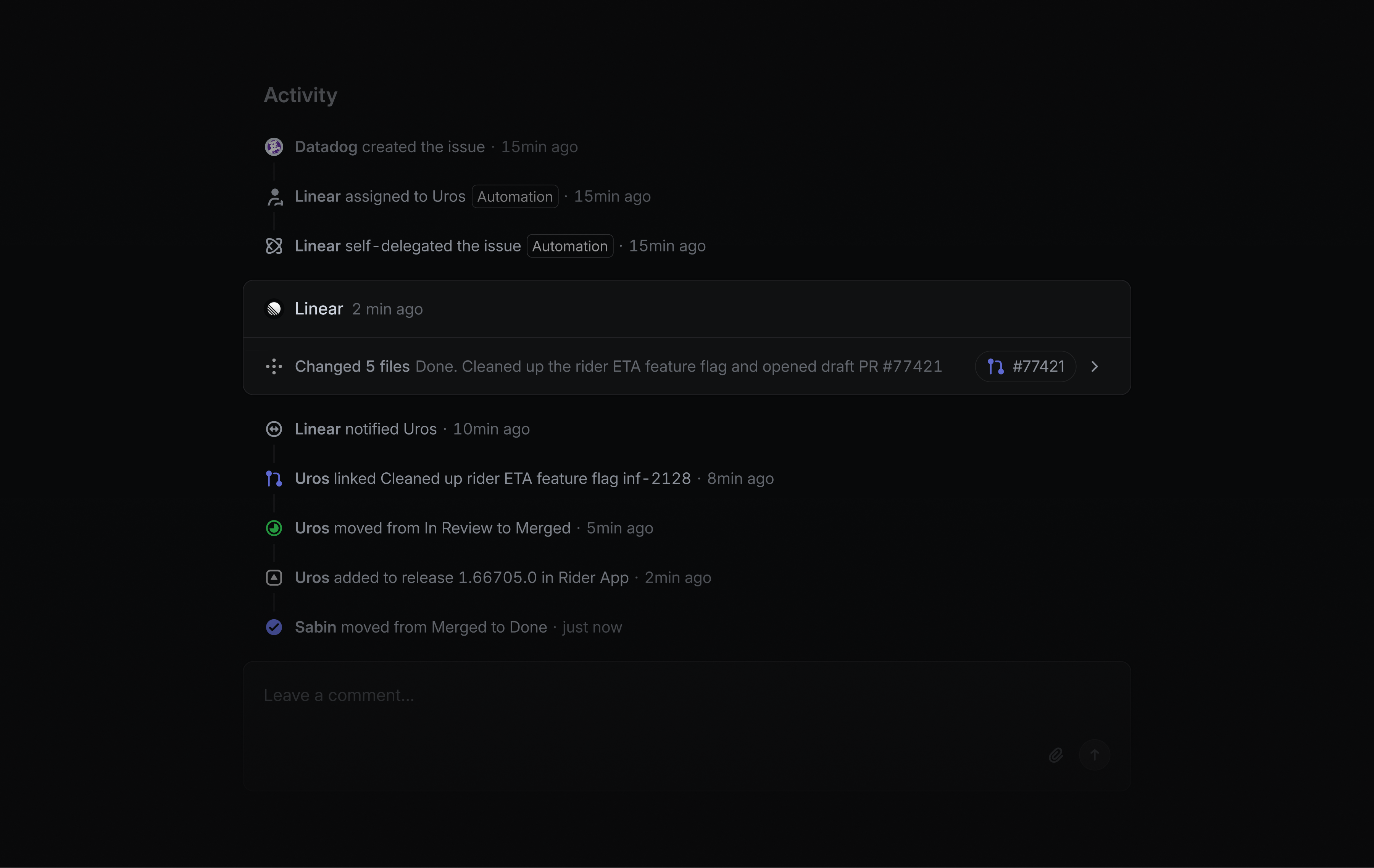 issue activity feed, showing a completed coding session