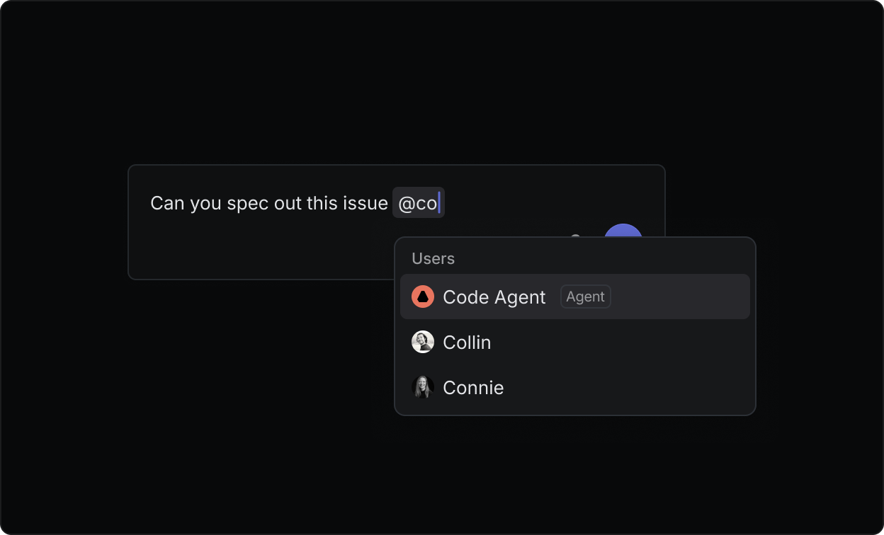 A screenshot of a user dropdown menu listing both agentic and human users. Agents are clearly marked as agents with a small badge.