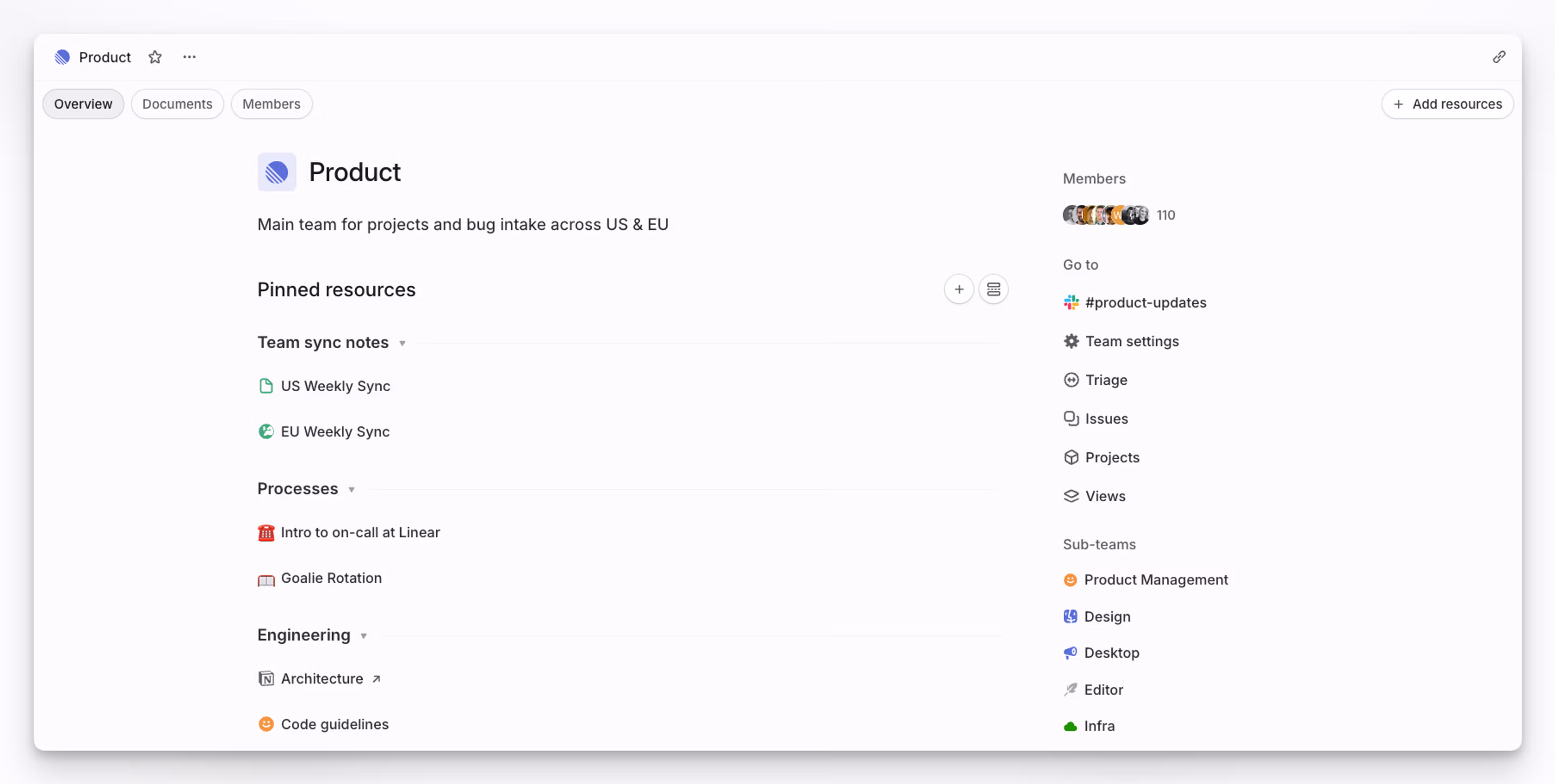 Team home landing view in Linear showing pinned resources and quick links