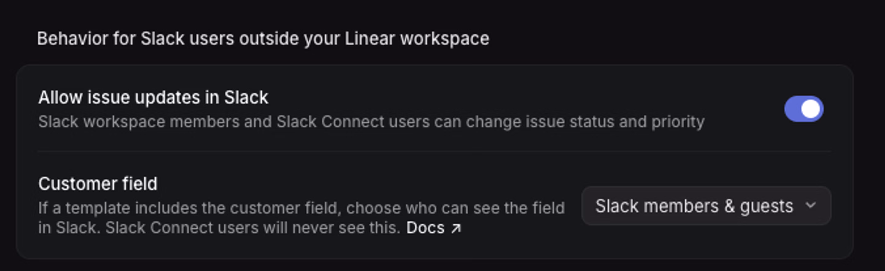 Behavior for Slack users outside your Linear workspace