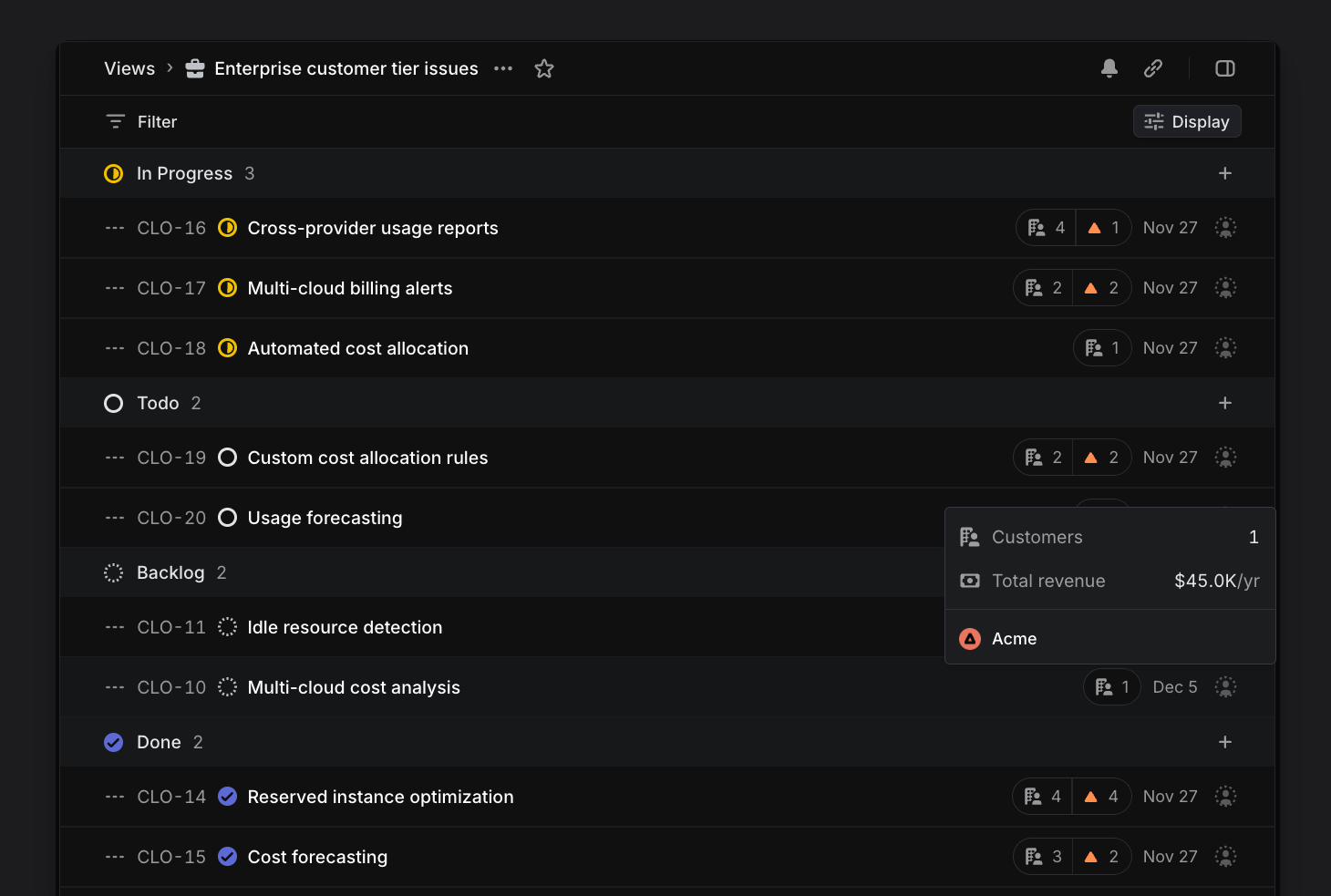 shows enterprise tier customer count on issues