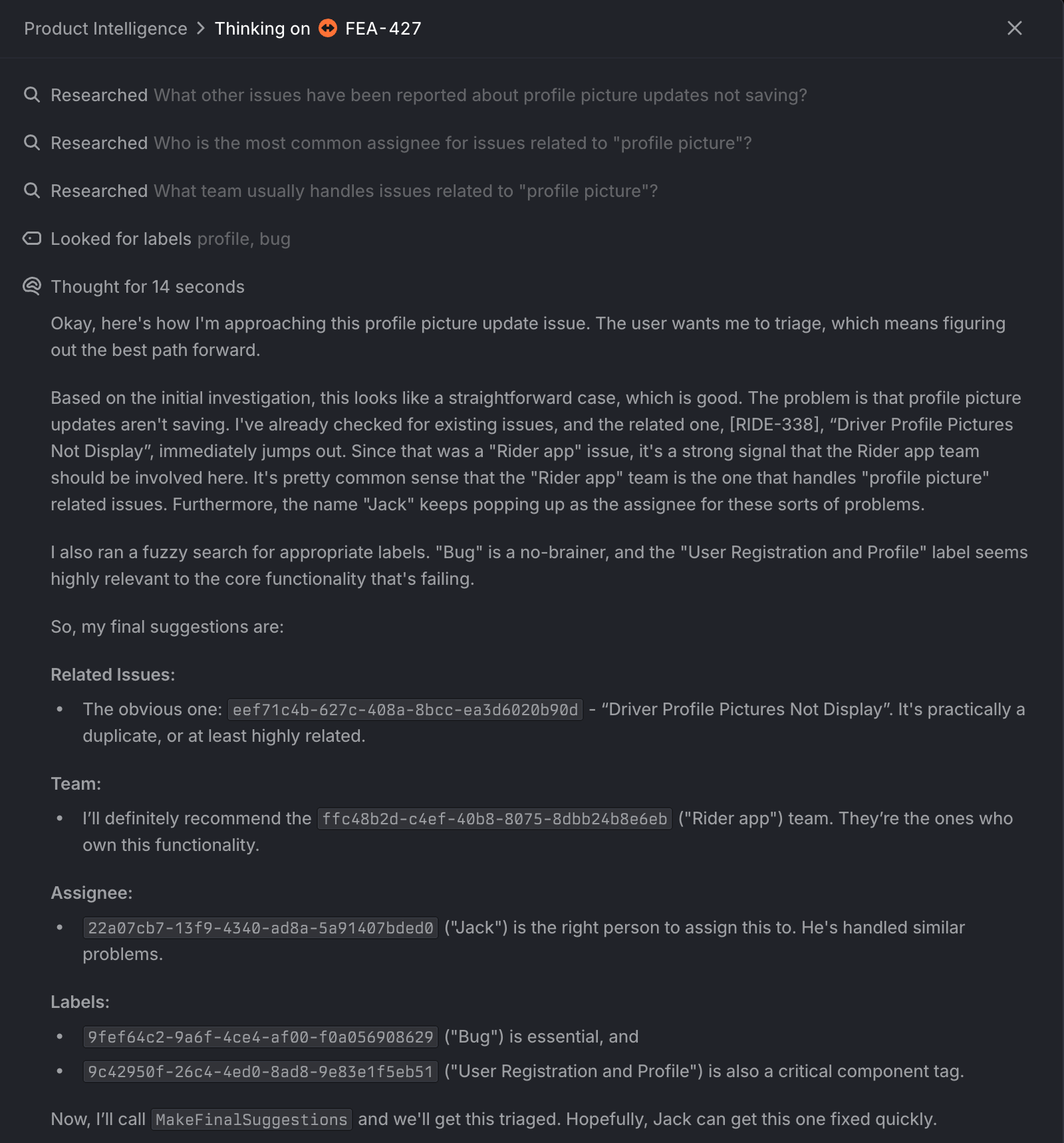 Expanded reasoning for Product Intelligence suggestion