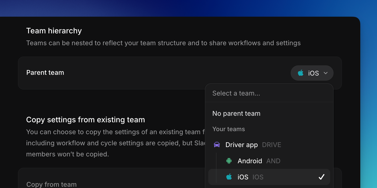 Selecting a sub-team as the parent team