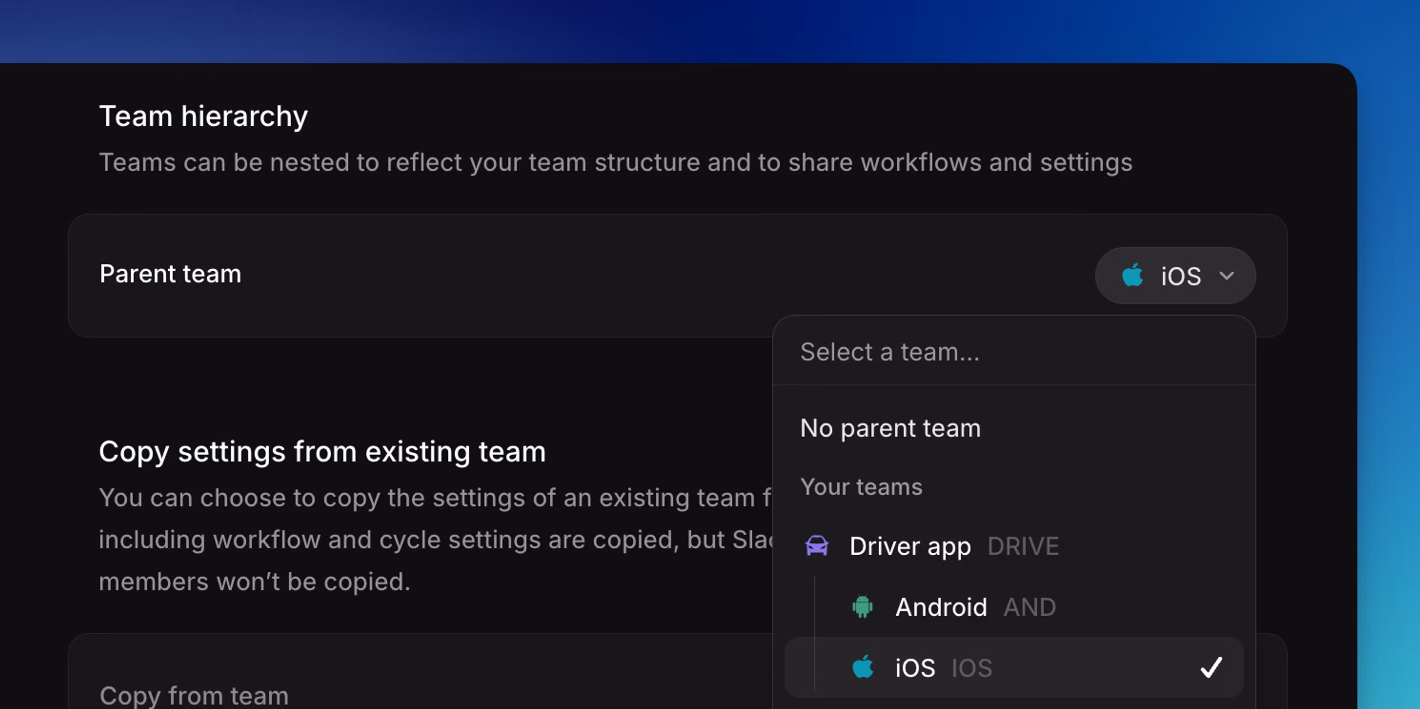 Selecting a sub-team as the parent team to achieve multi level sub-teams