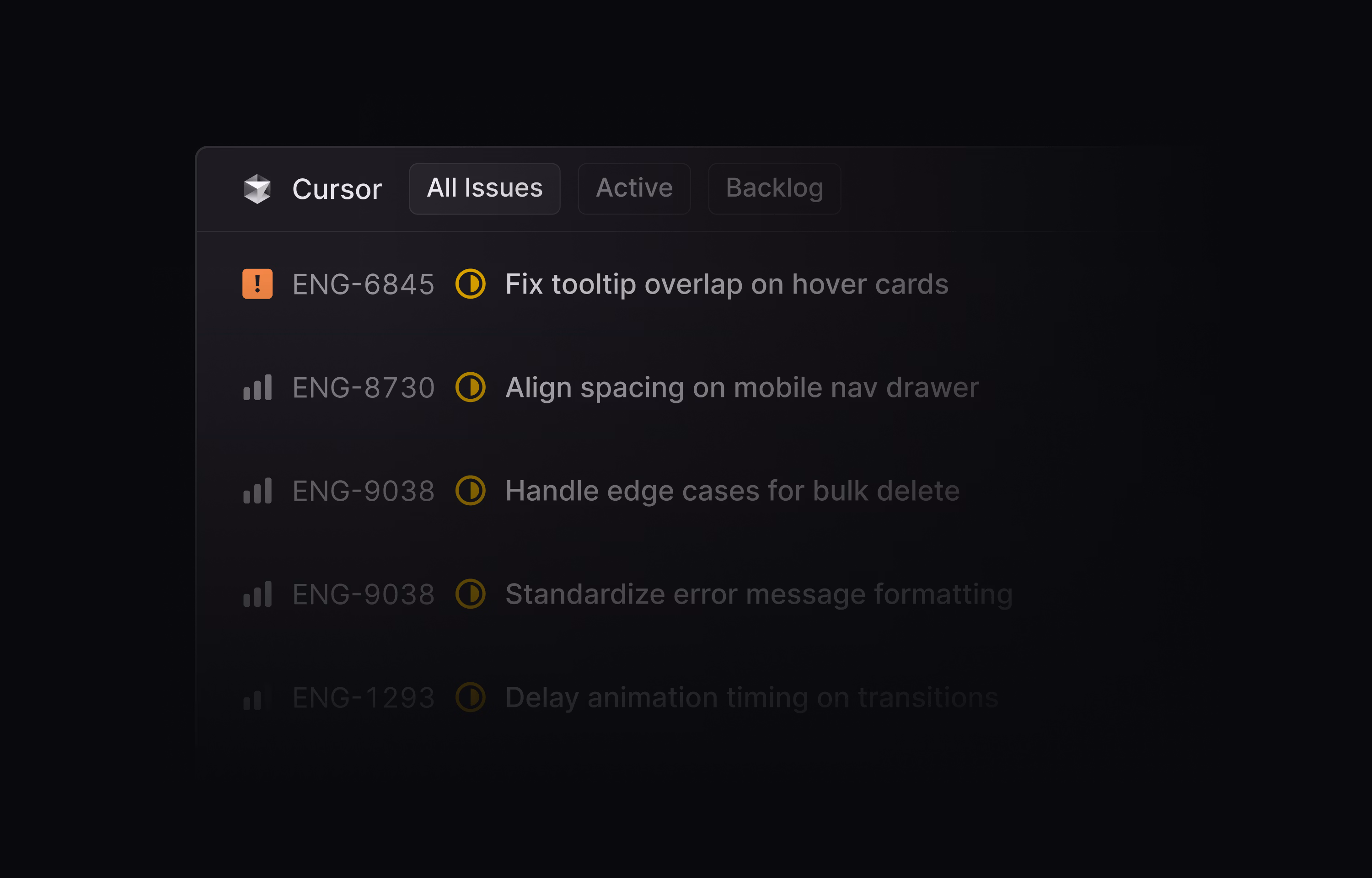 A list of issues in progress that are assigned to Cursor