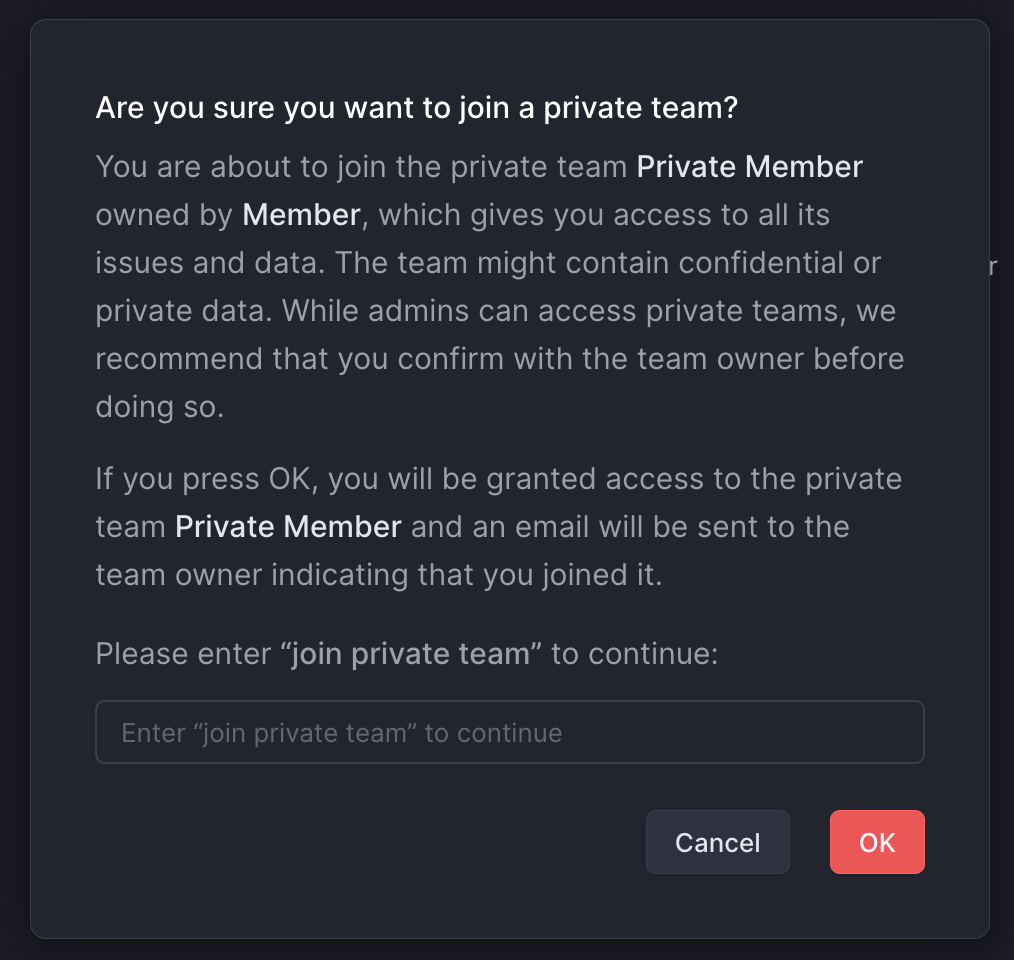 Pop-up when an admin attempts to join a private team
