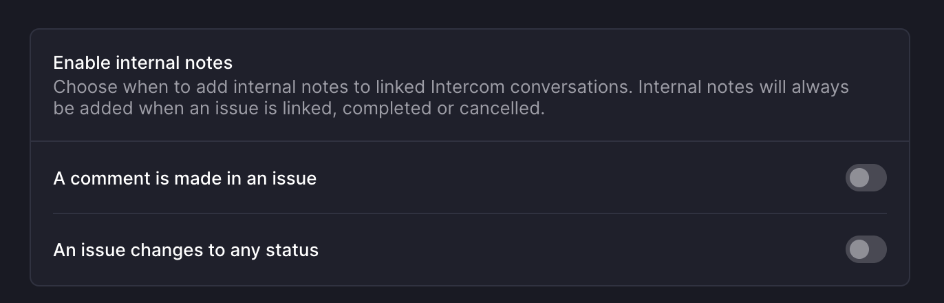 Intercom integration internal notes setting