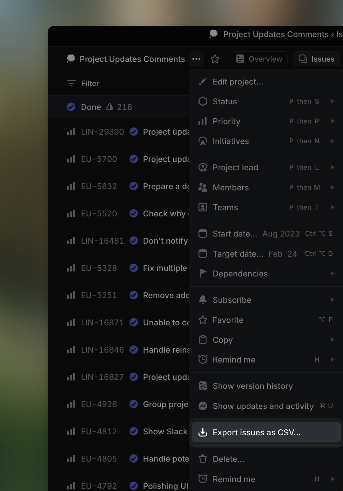 Export issues as a CSV option selected on overflow menu of a project