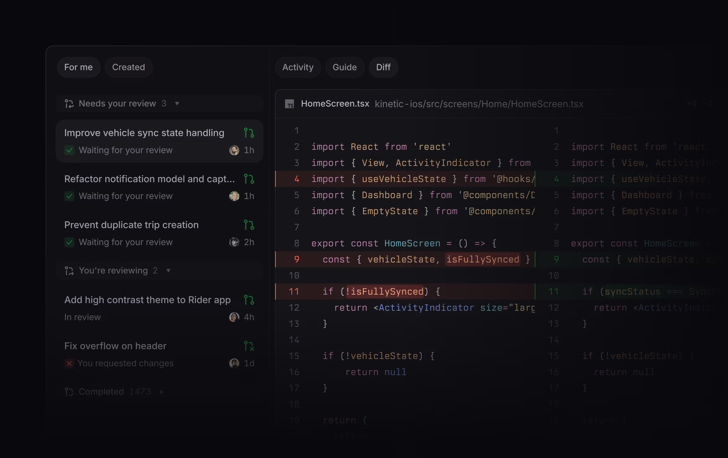 UI showing the Reviews tab in Linear