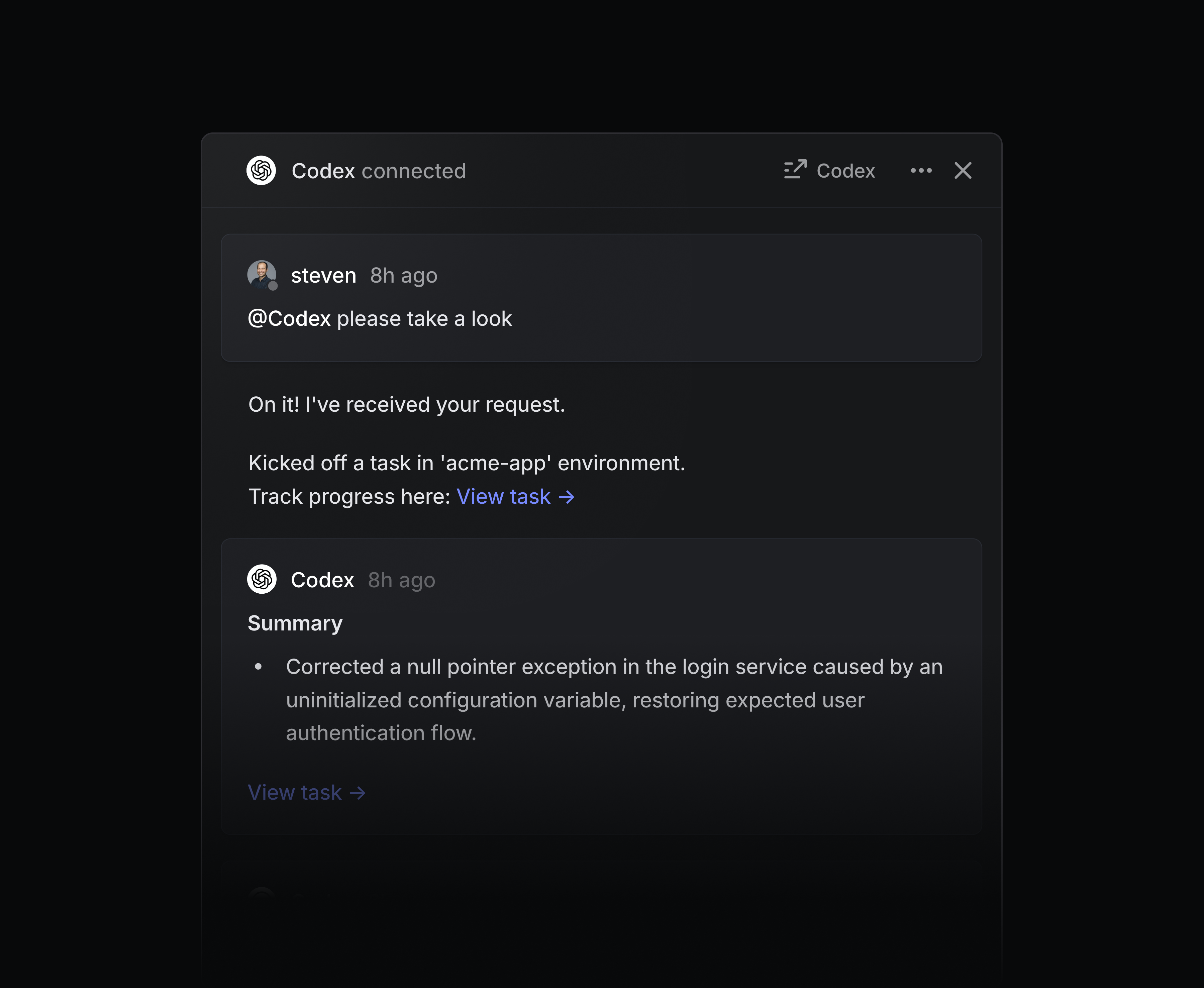 A screenshot of the agent activity panel in Linear