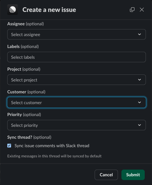 Customer field highlighted when creating an issue from the Slack integration