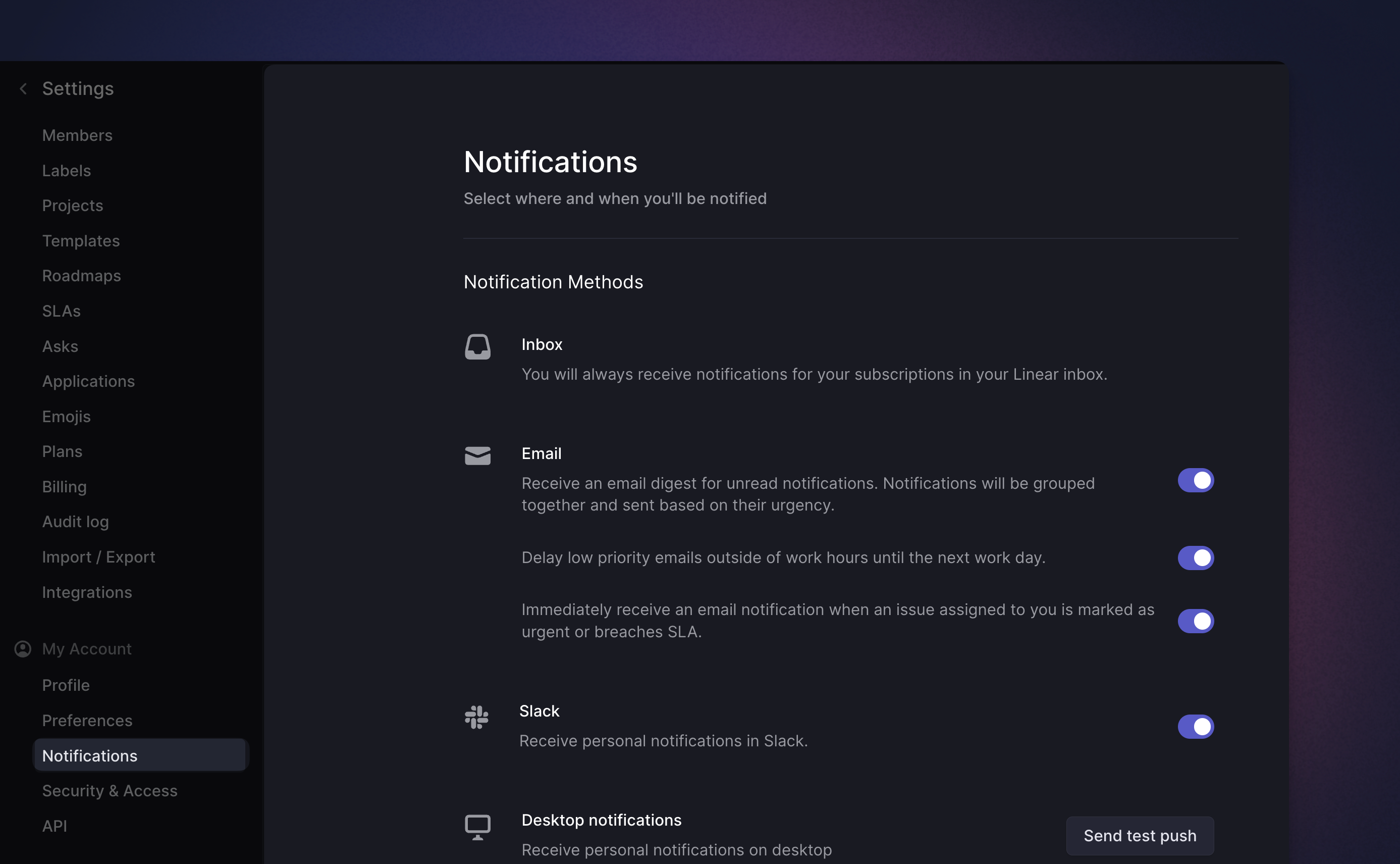 Linear app settings page showing notification settings