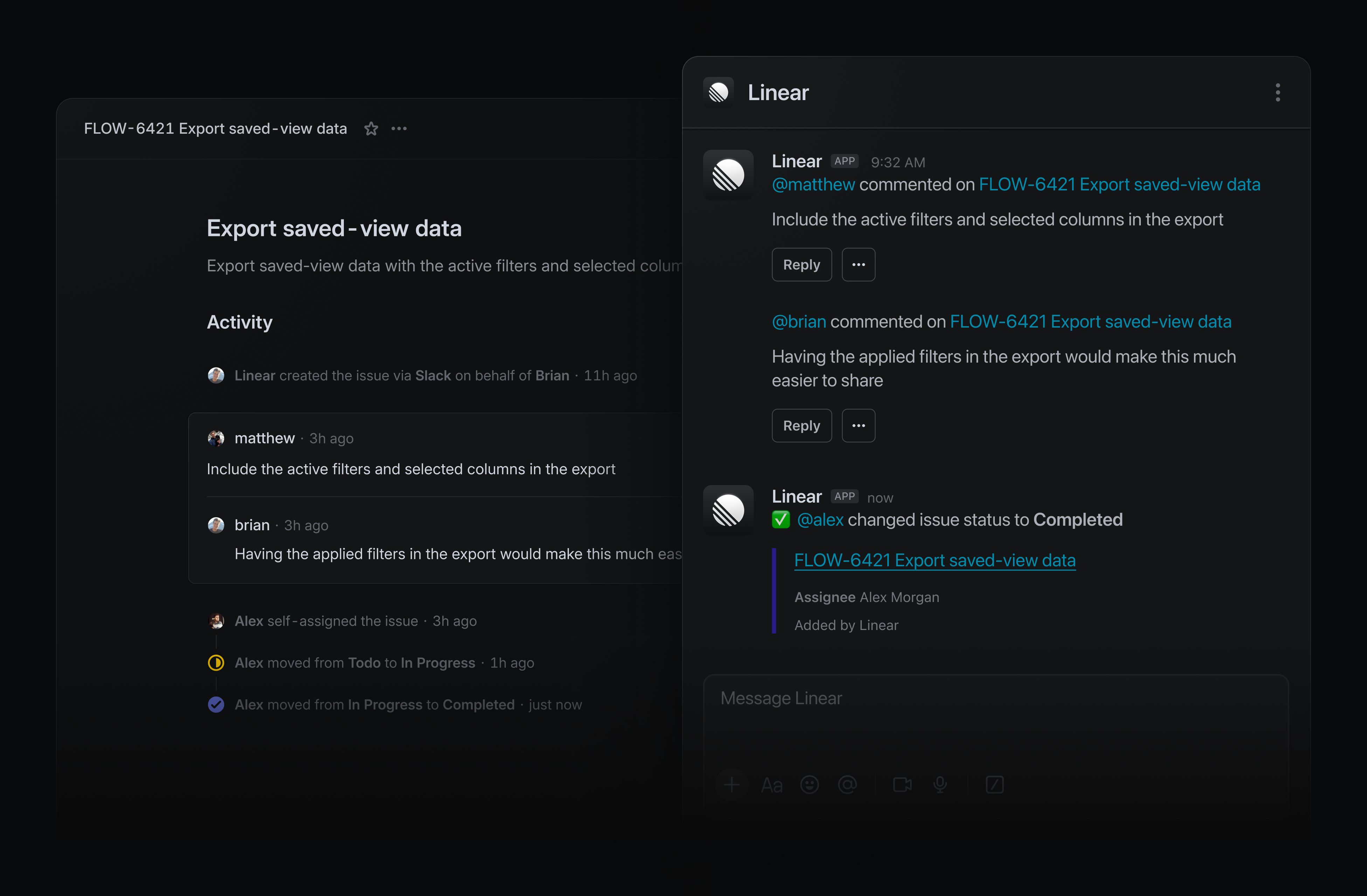 Left showing Linear moving the issue to complete, right showing notification in Slack.