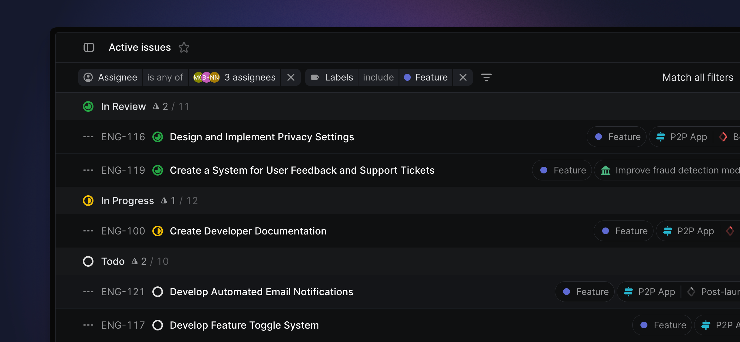 Linear interface showing filters applied to the active issues view