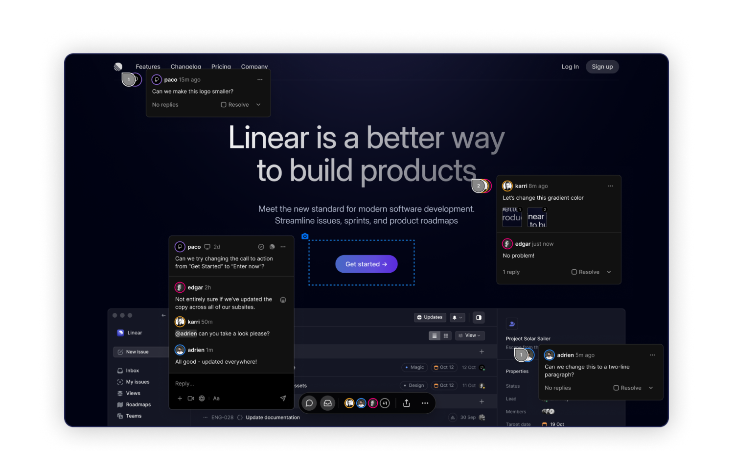 Linear website showing Vercel collaboration comment windows