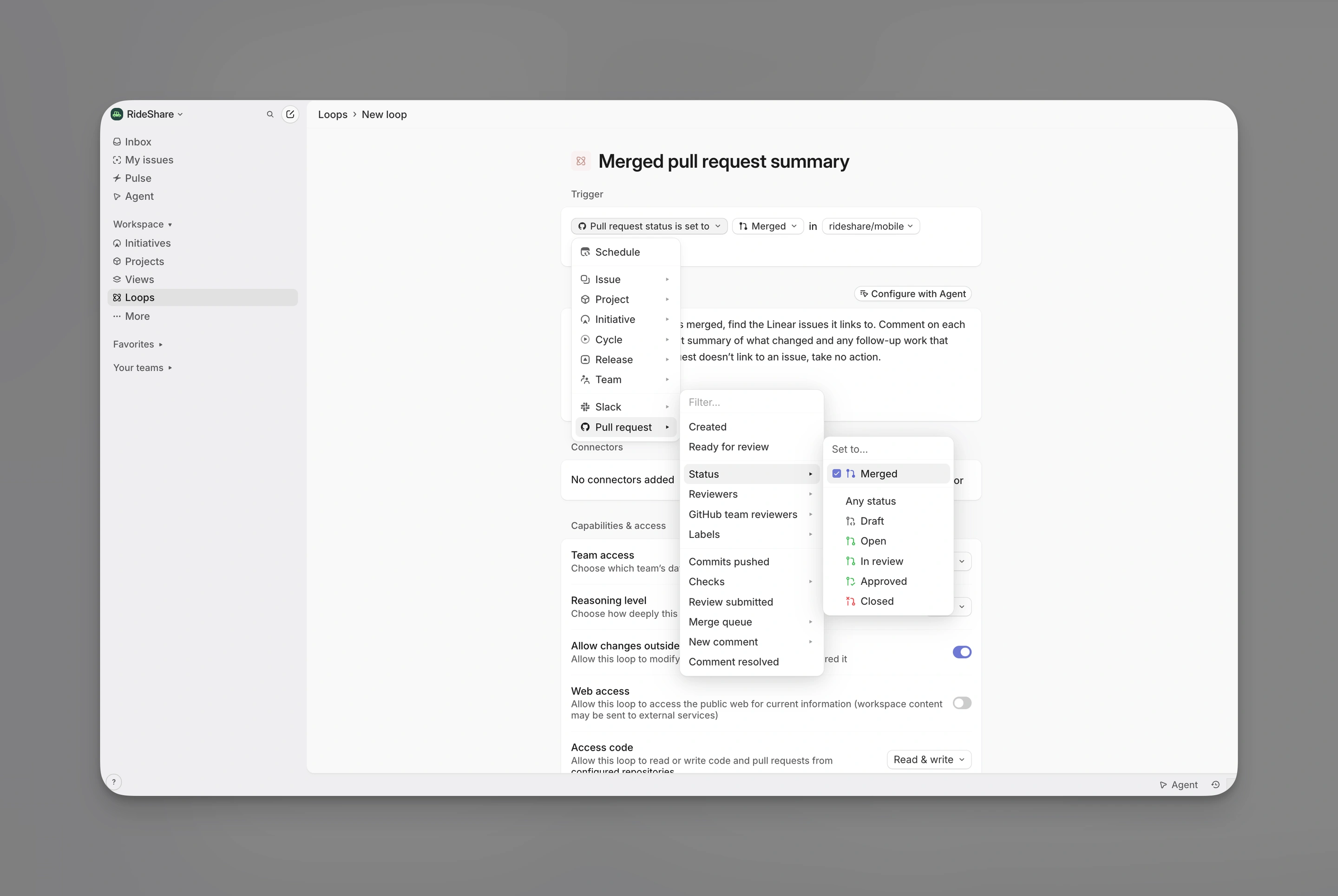 Loop trigger set to Pull request status is set to Merged in rideshare/mobile, with instructions to comment on linked issues when a pull request is merged