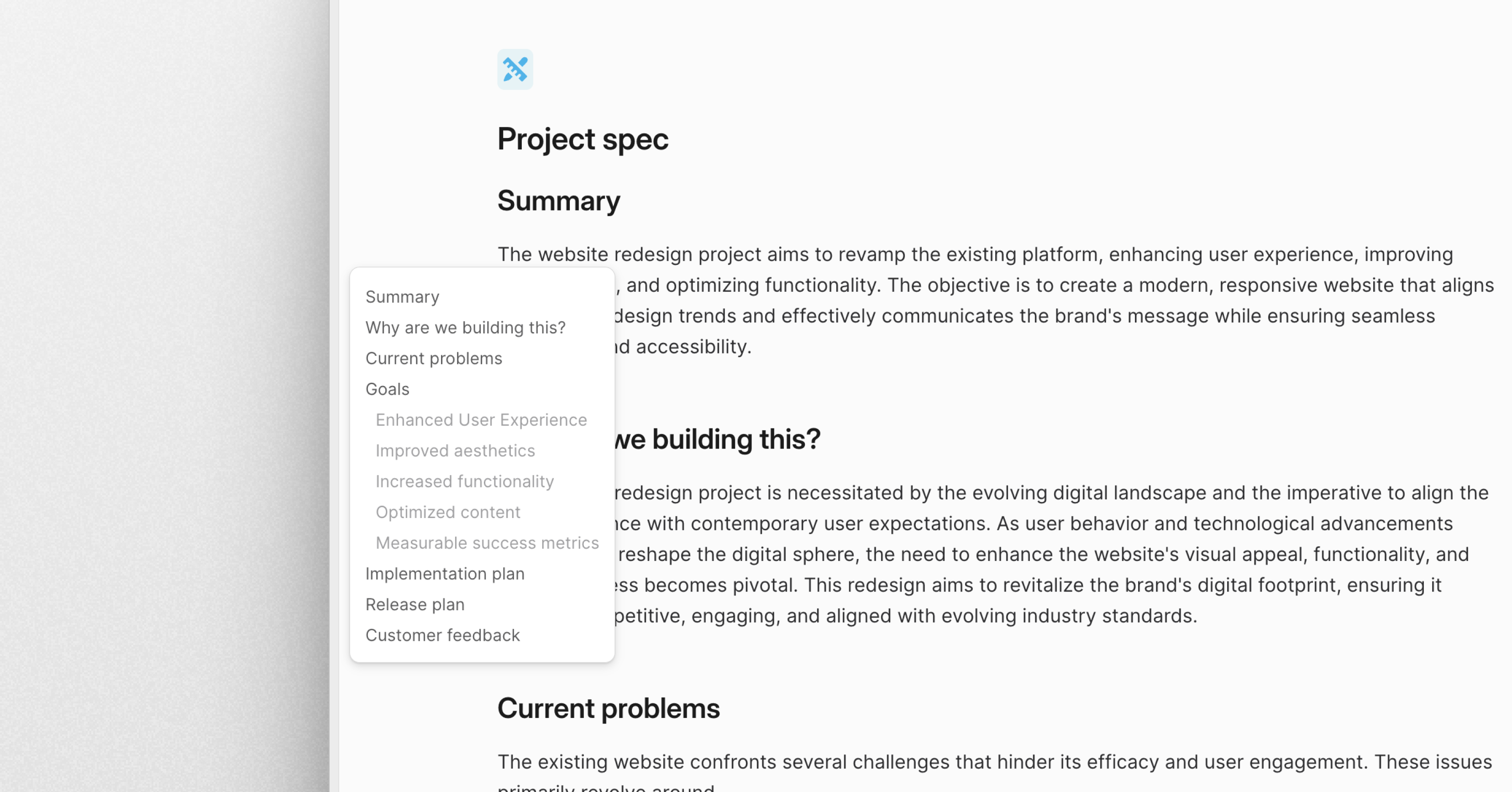 Table of contents appearing in the left-hand side of a project spec