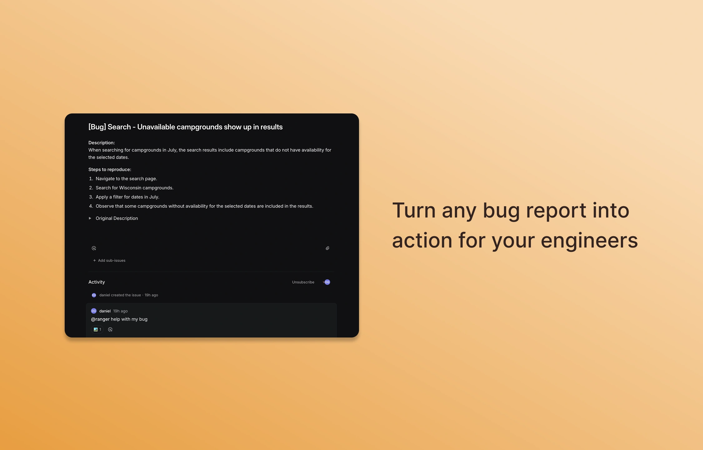 asking ranger to help with a bug report in Linear