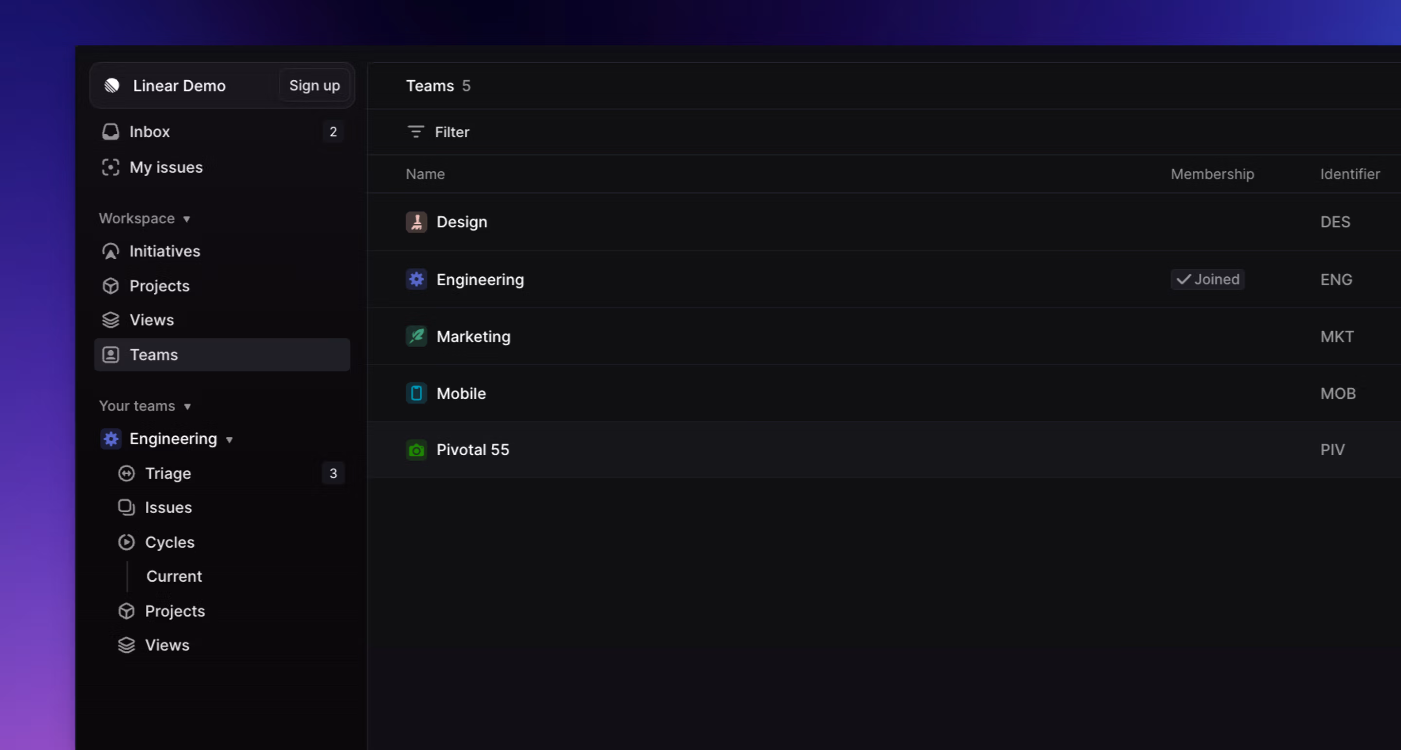 linear app showing teams page