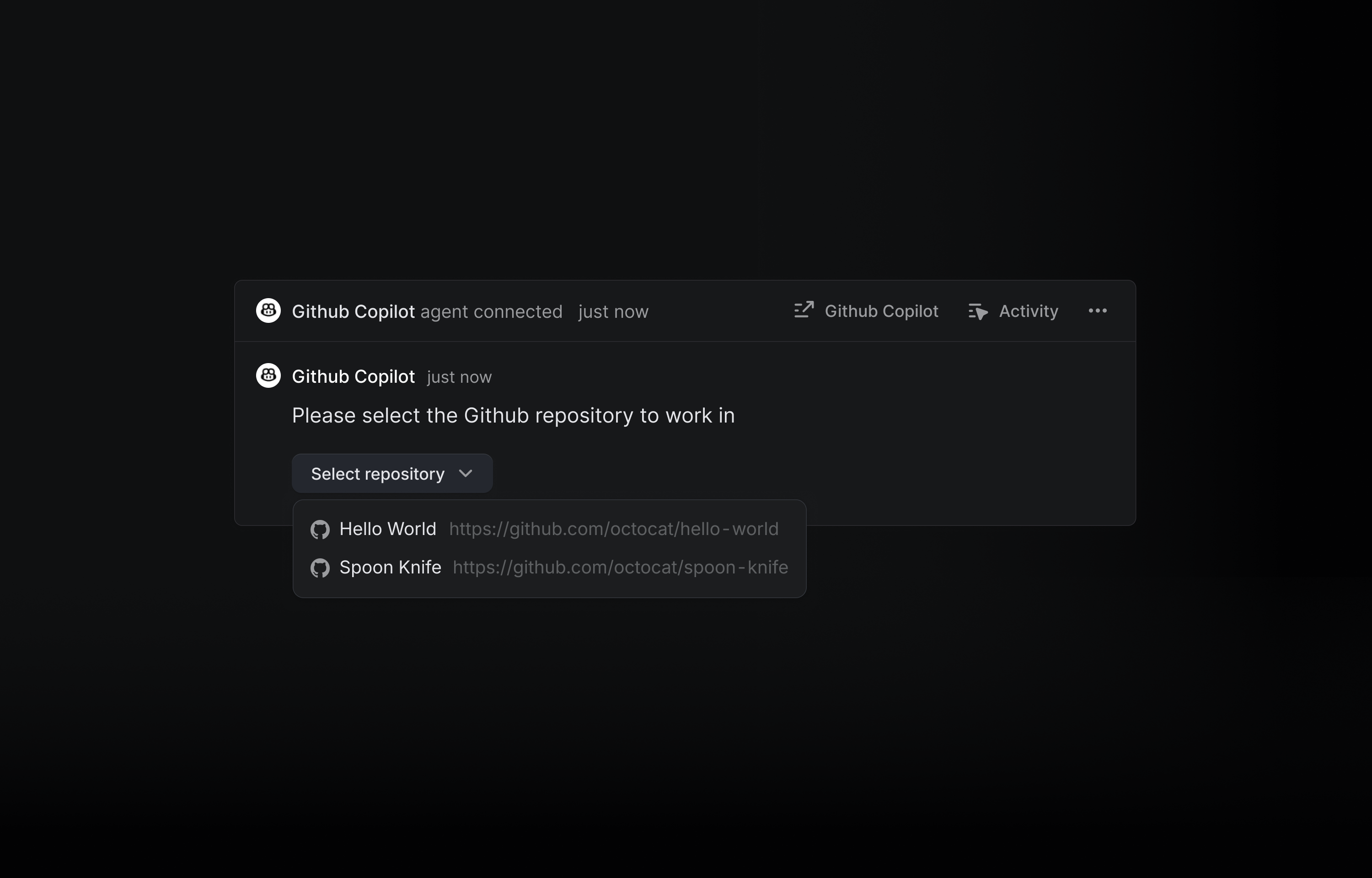 Get started by selecting a GitHub repository for the Copilot agent