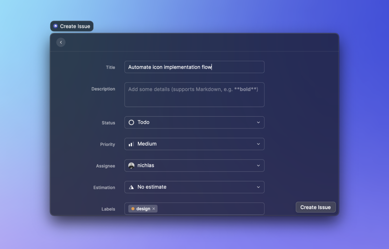 The Create Issue dialog in Raycast, with fields for issue metadata.