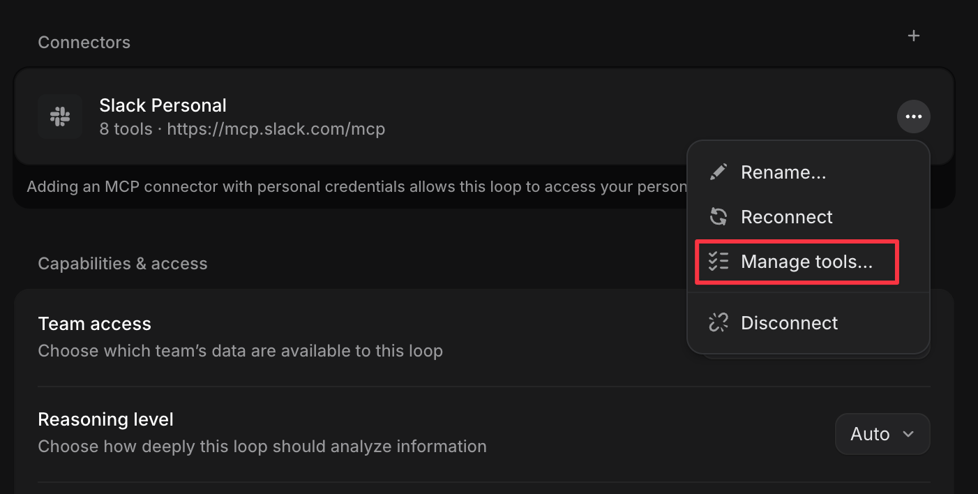 Slack Personal MCP connector menu with Manage tools highlighted