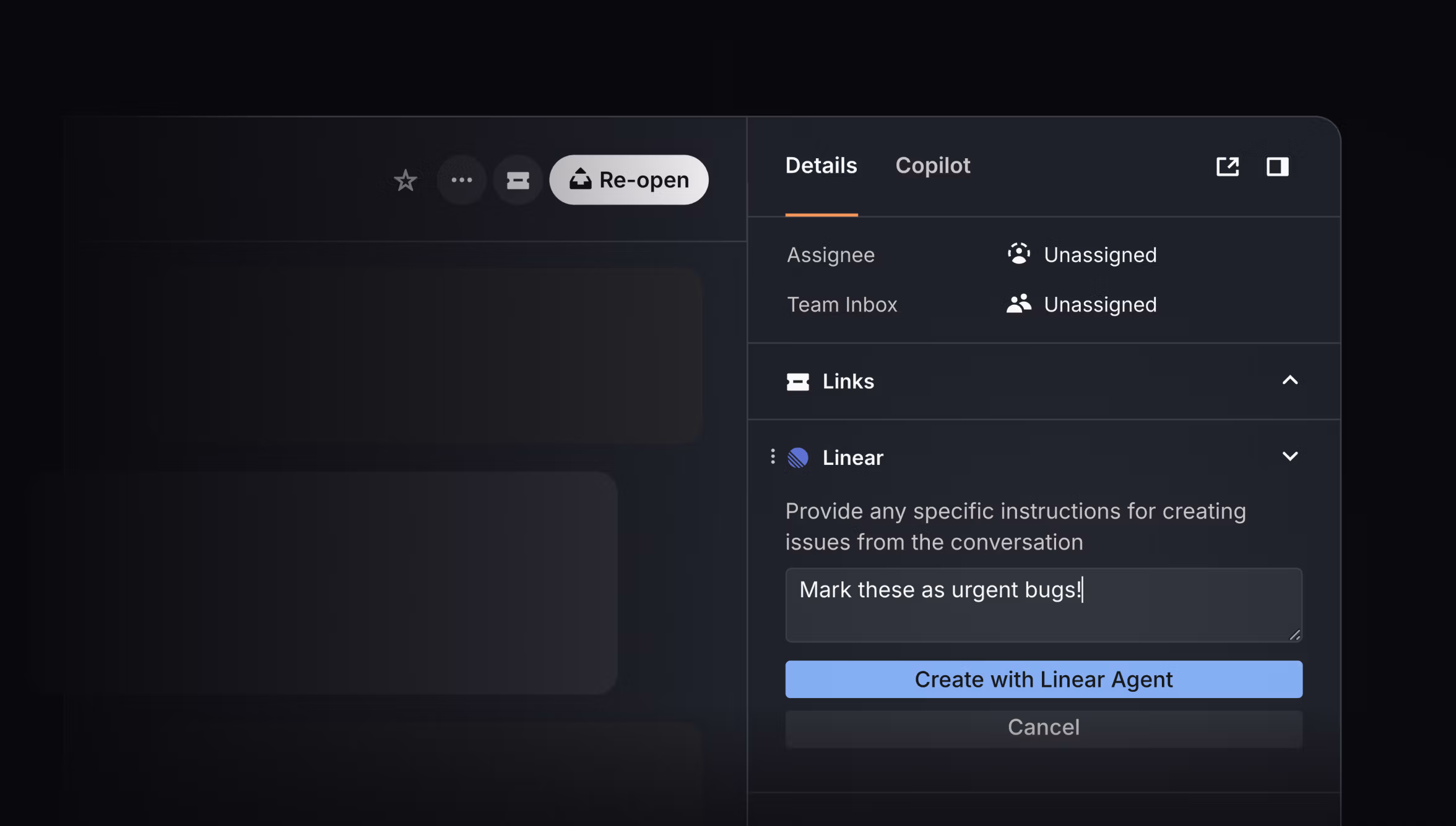 Dark interface mockup of an Intercom ticket sidebar with a Linear integration, showing a prompt field and a “Create with Linear Agent” button.