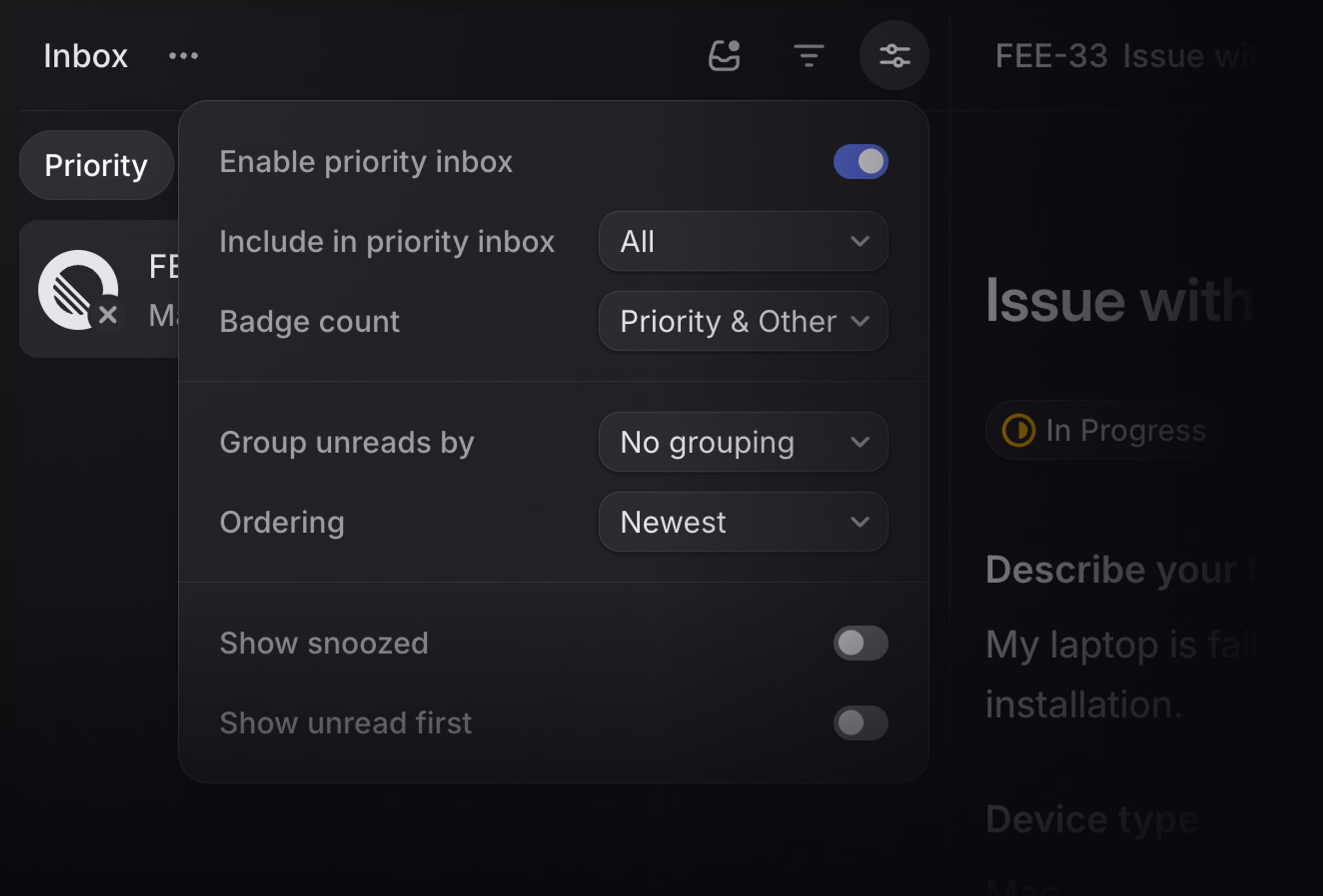 Inbox display options