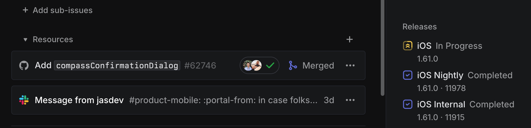 ios, nightly, and internal releases on an issue's sidebar