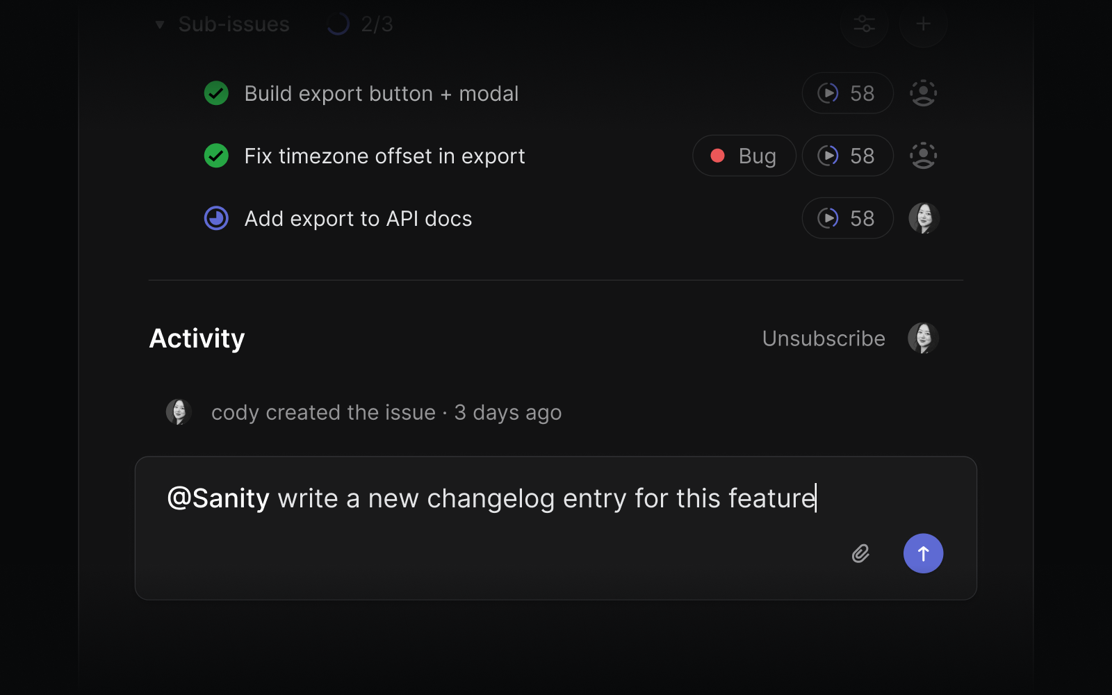 mention picker in Linear showing @sanity