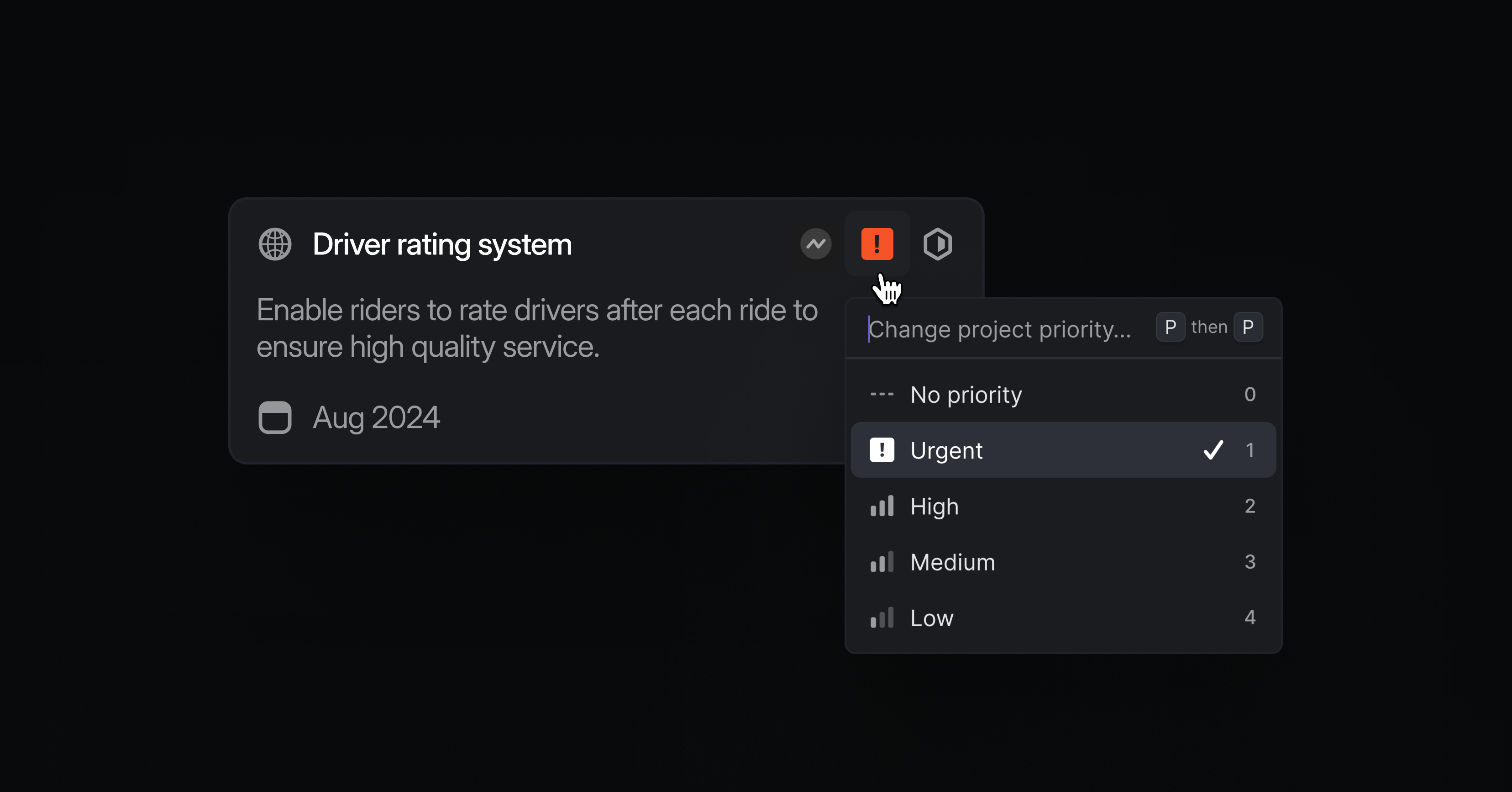 Dropdown menu for changing the priority of a Linear project