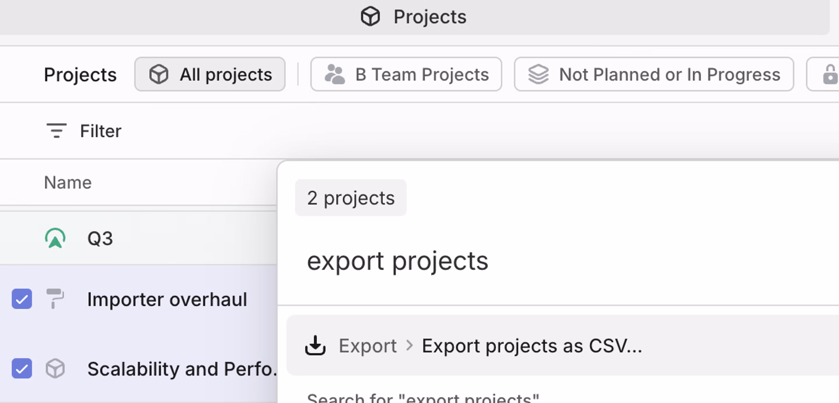 Export projects as CSV through the command menu
