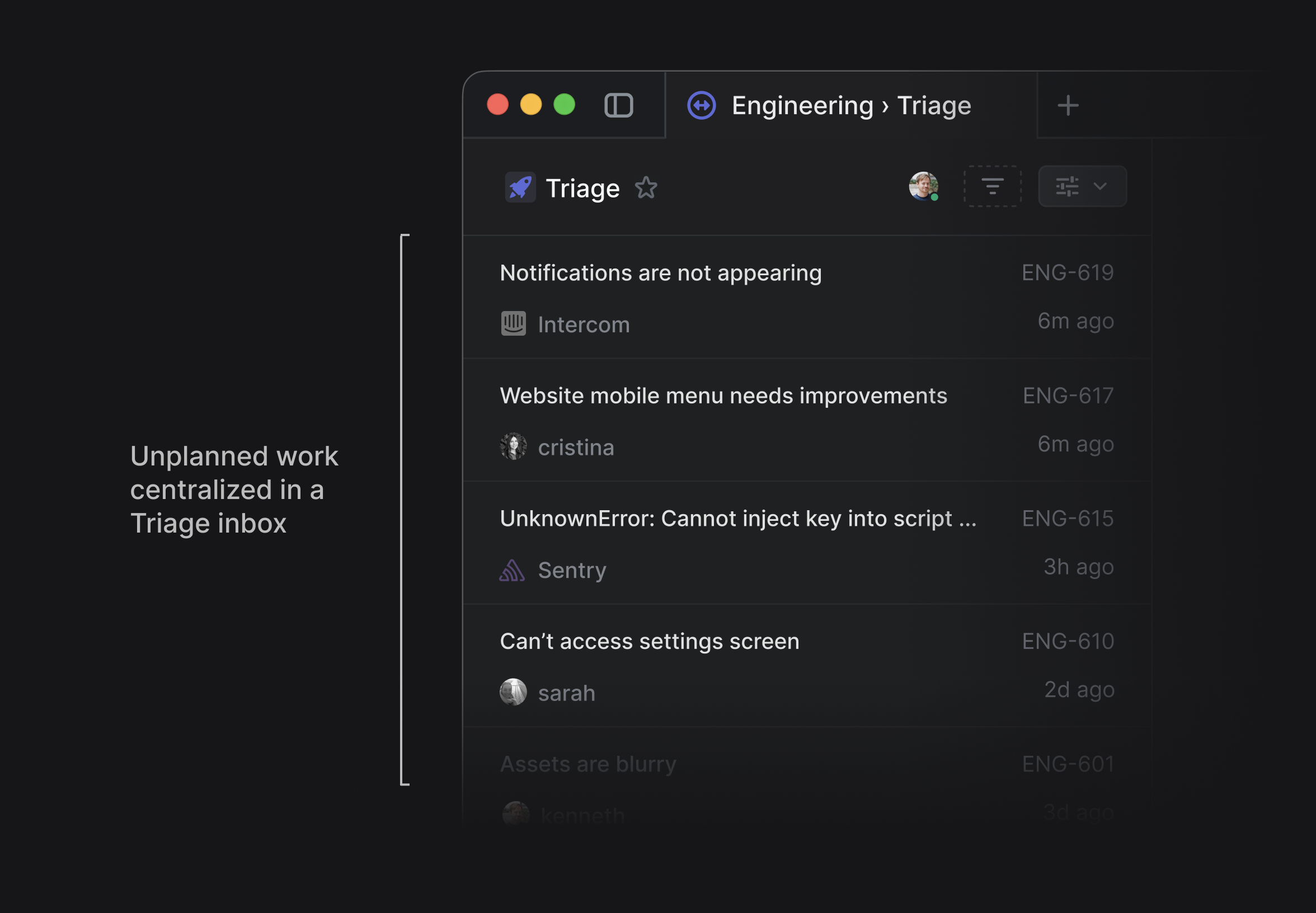 A screenshot of the Linear Triage inbox