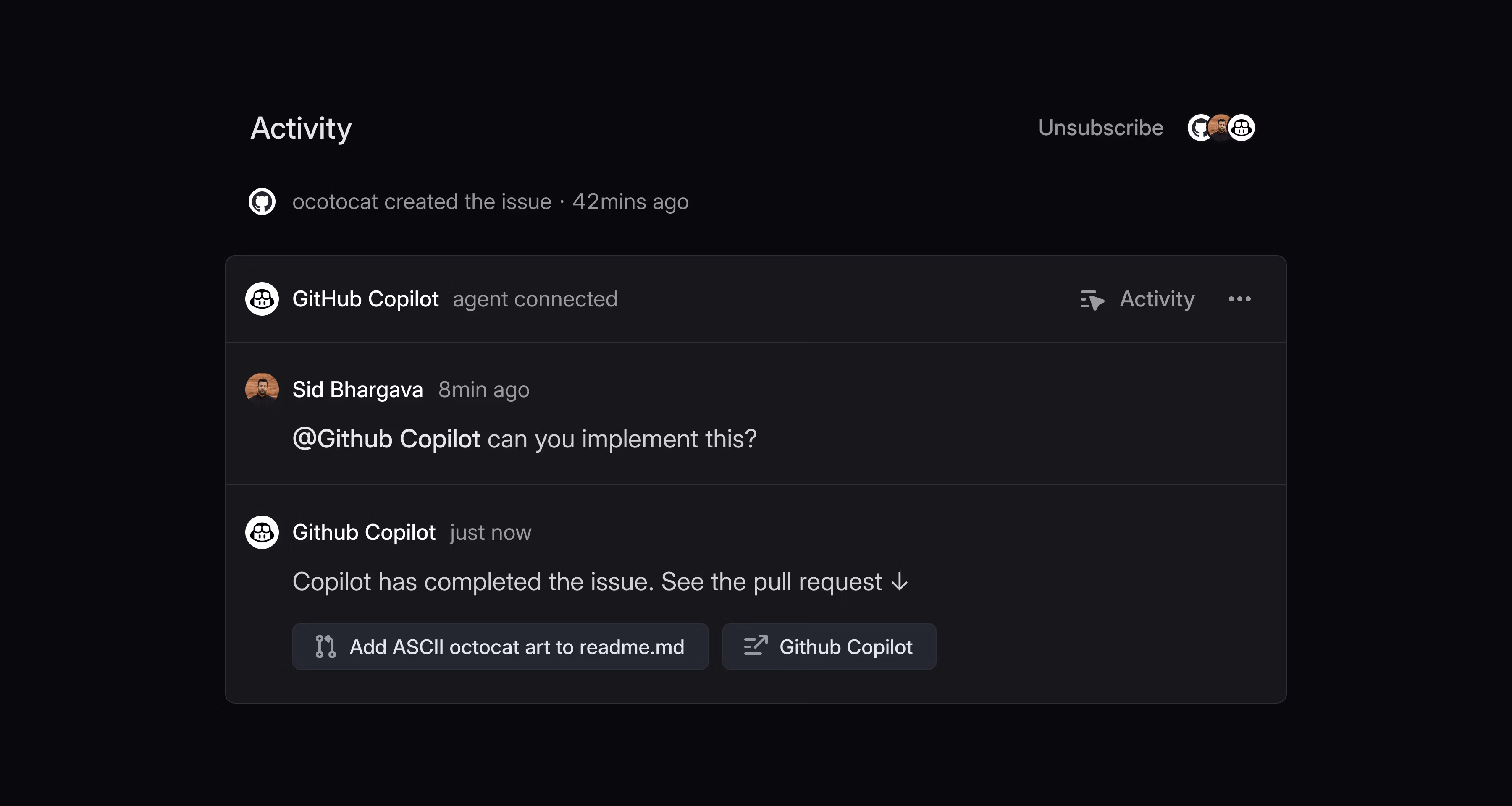 A screenshot of an agent session in the activity feed of a Linear issue, where the user delegates the issue to the GitHub Copilot agent