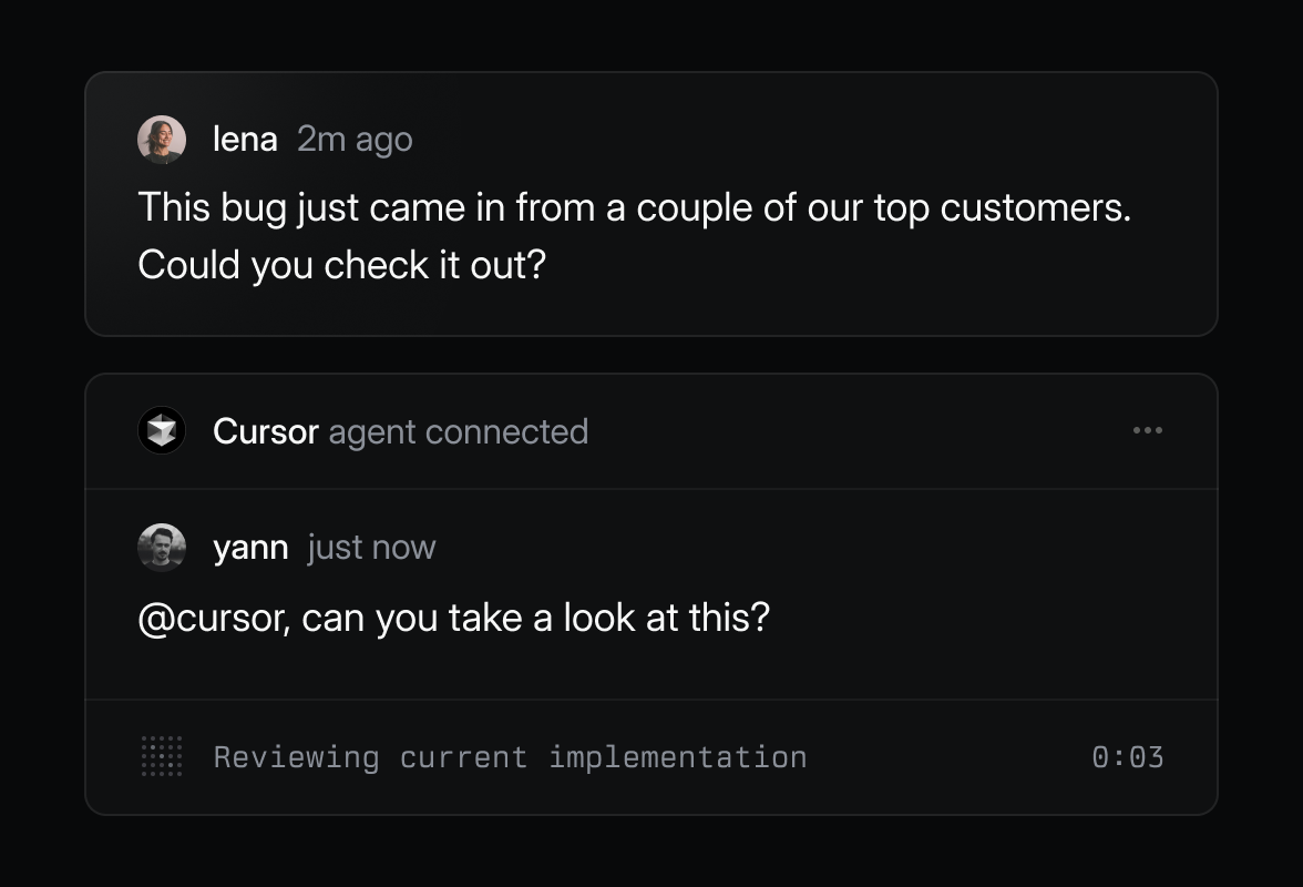 A screenshot of the same comment thread as in the previous image. The Cursor agent is now connected and is reviewing the the current implementation.
