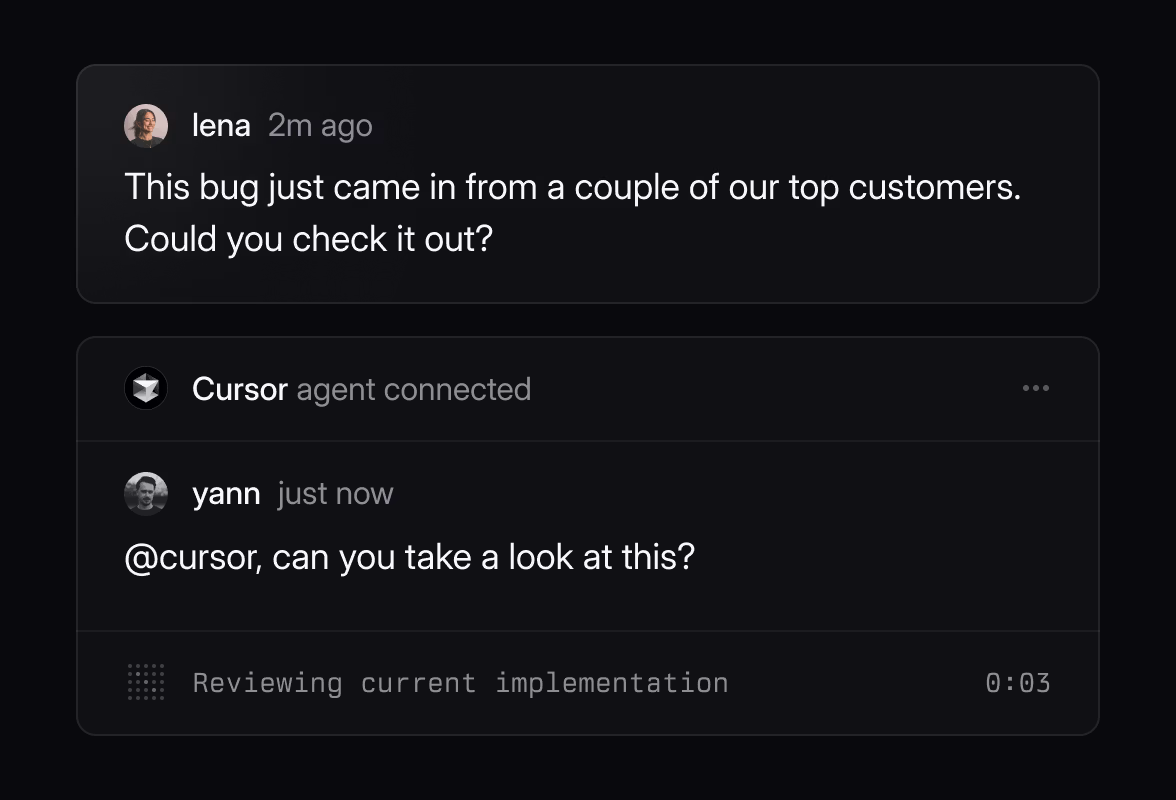 A screenshot of the same comment thread as in the previous image. The Cursor agent is now connected and is reviewing the the current implementation.