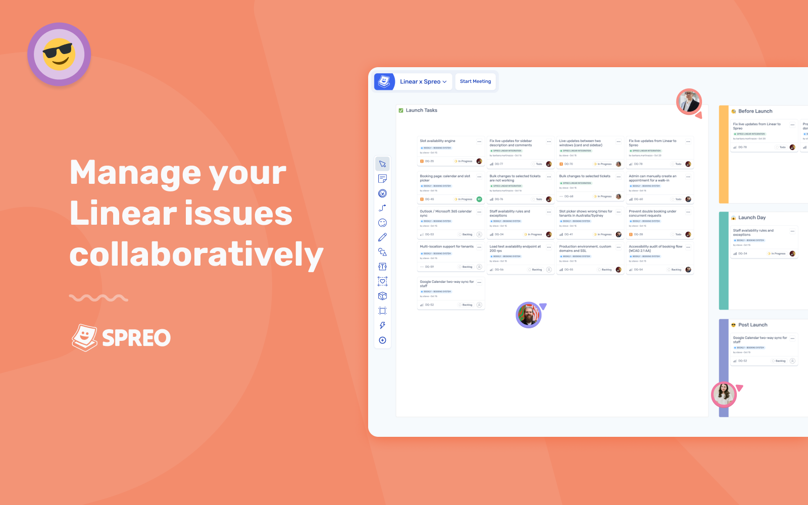 A Spreo board with a selection of Linear issues, with multiple users interacting with it