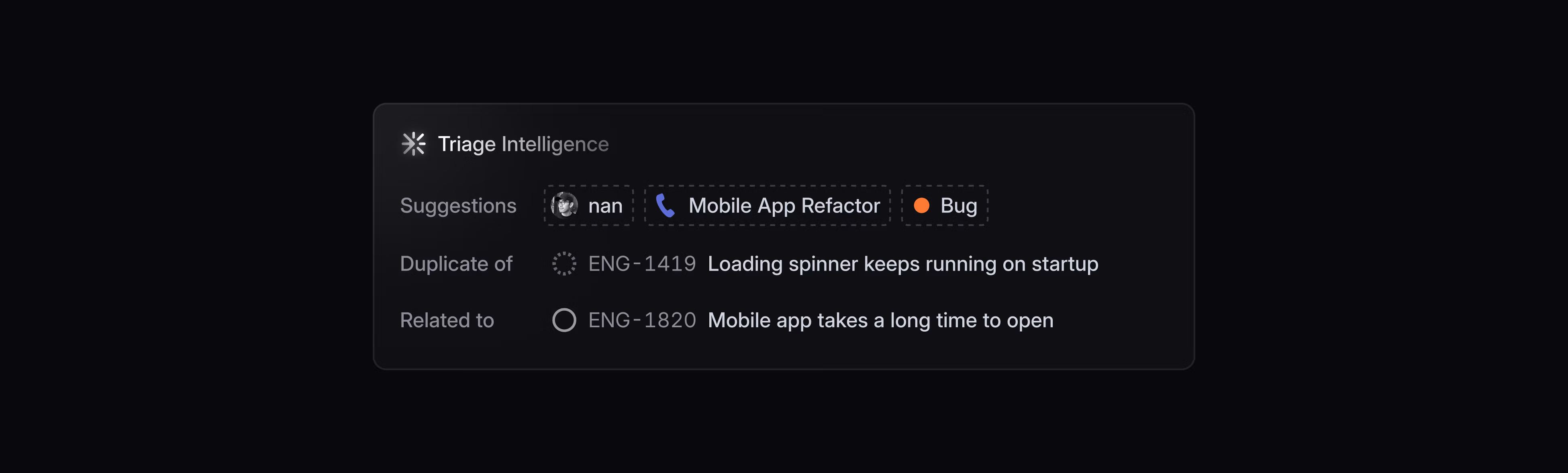A screenshot of the Triage Intelligence UI element in Linear with suggestions for assignee, labels, and potential duplicates.