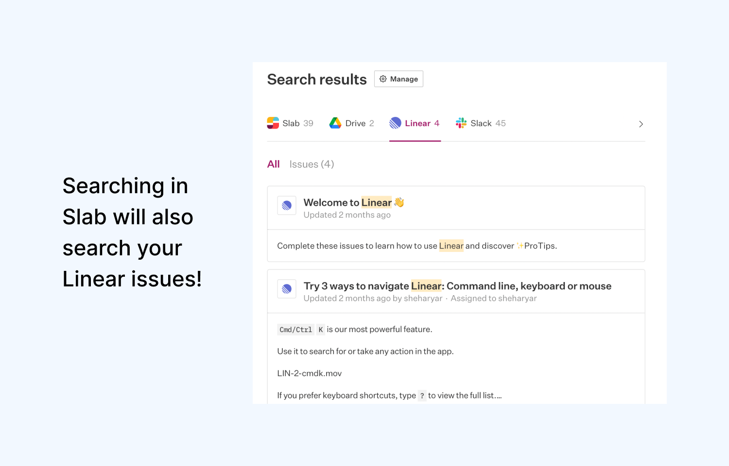 Searching in Slab will also search your Linear issues!