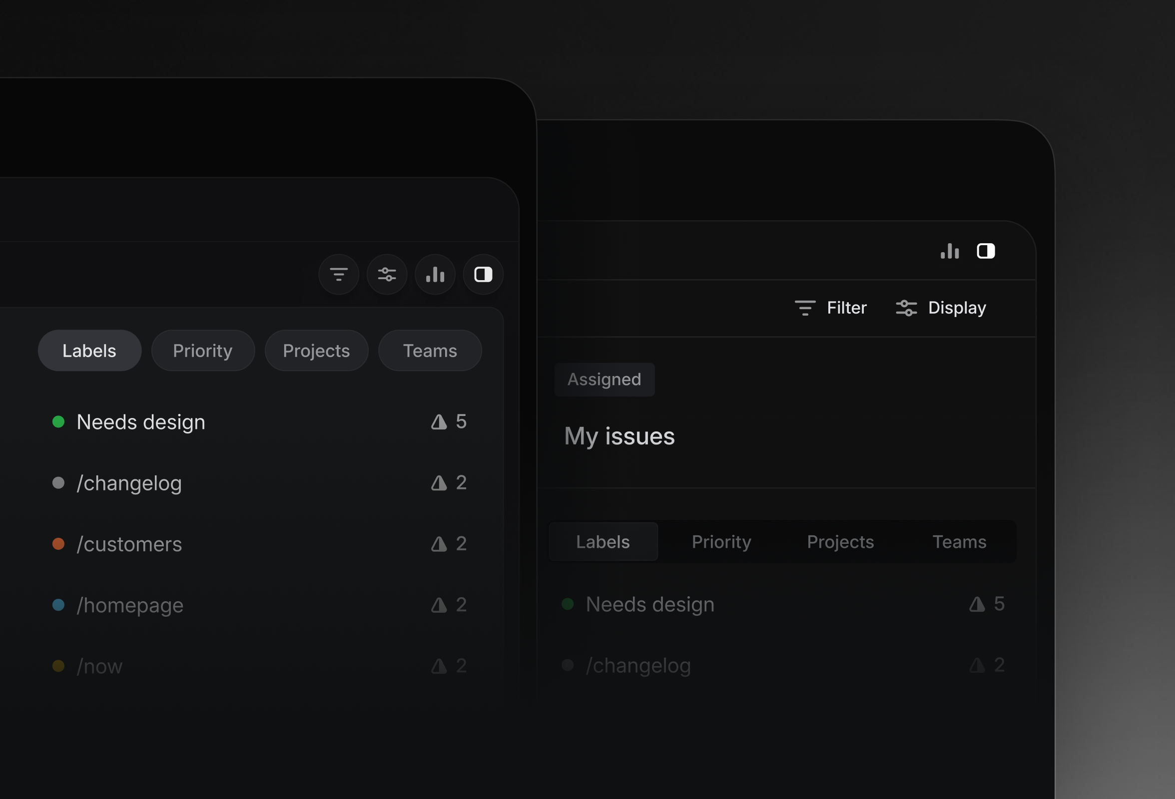 Side-by-side comparison of a dark interface showing softer borders and subtler visual separation in the updated design.
