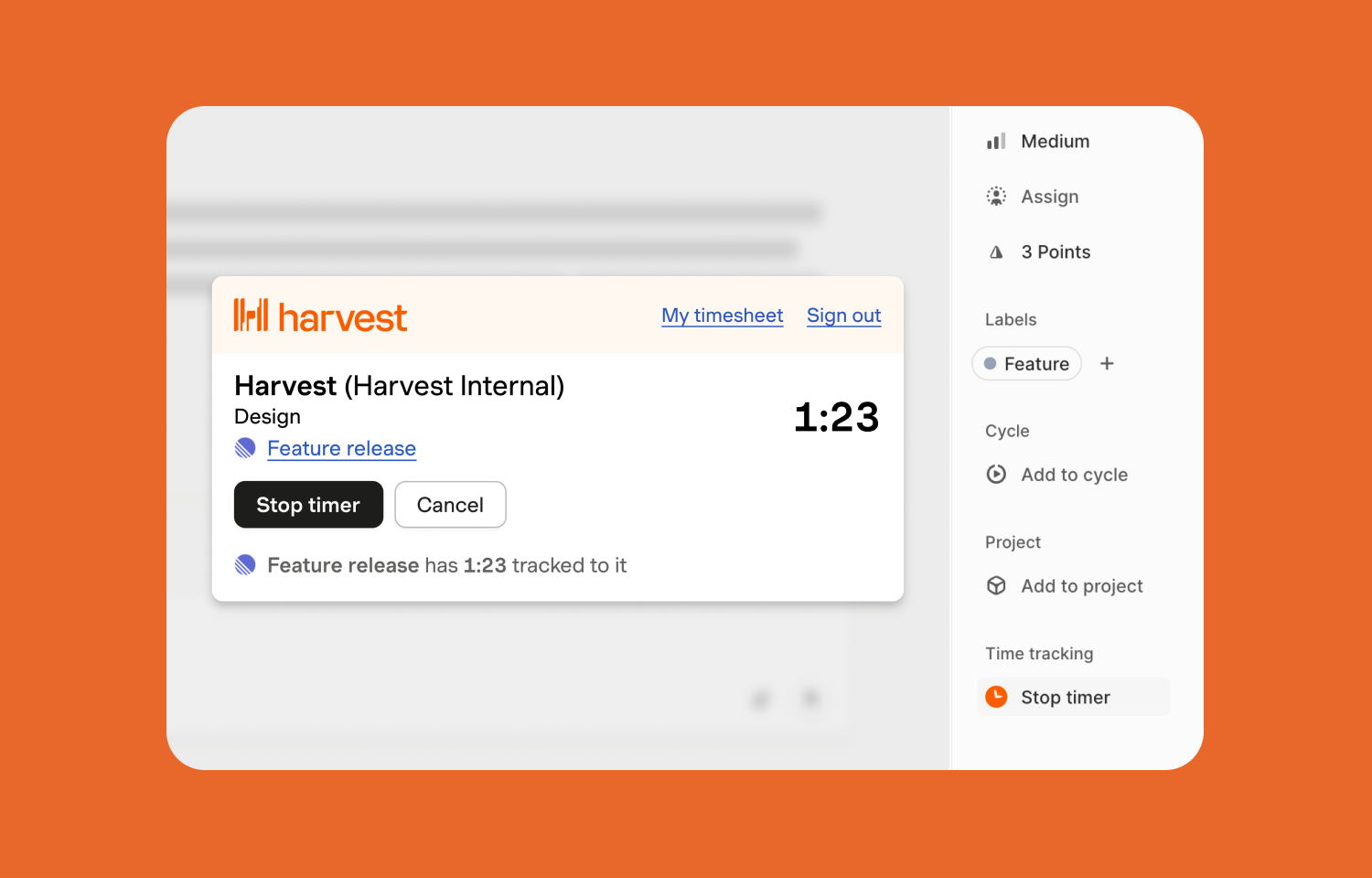 Harvest browser extension adding a time tracking menu to issues in Linear